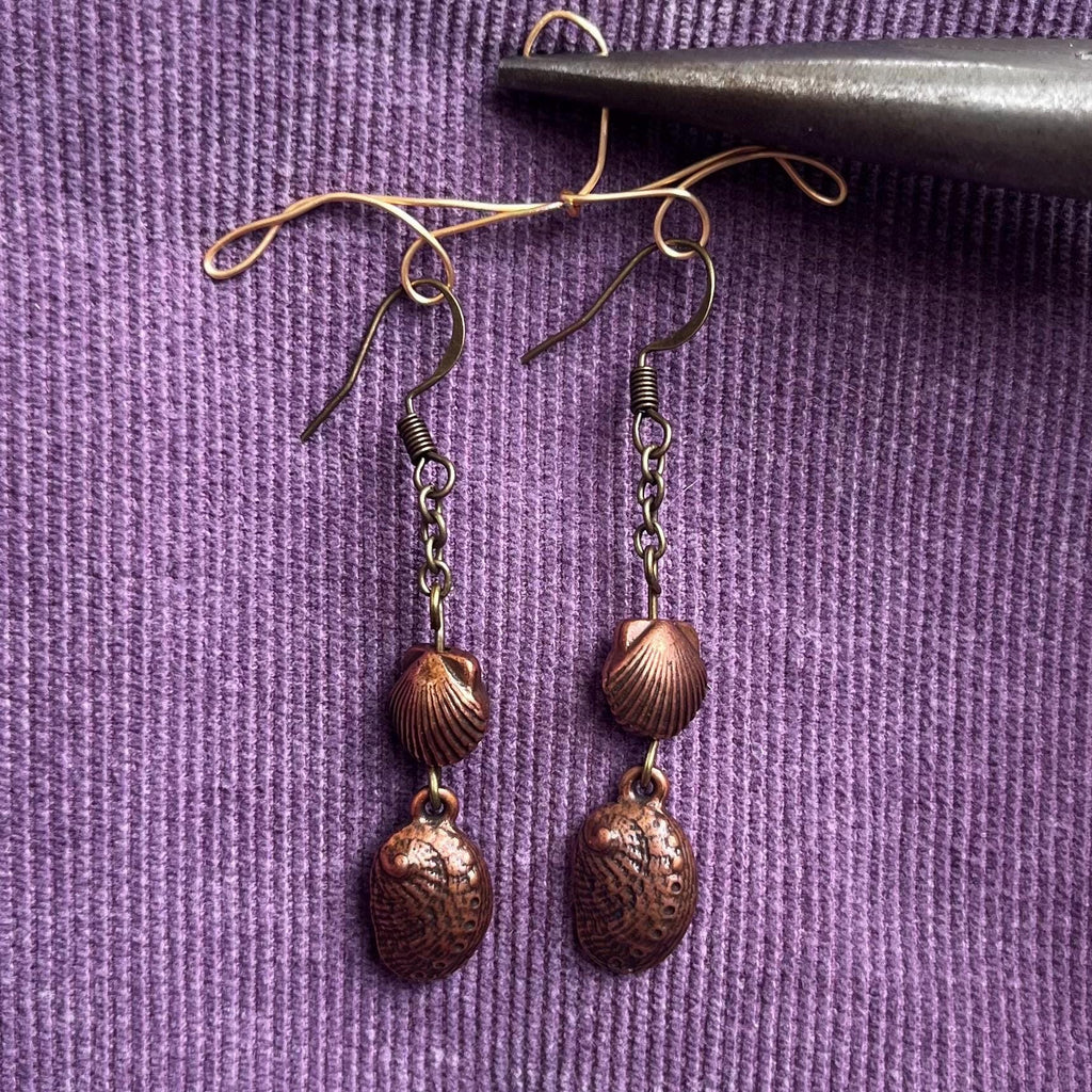 Coastal Copper Earrings: Bronze Sea Shell Dangle Earrings