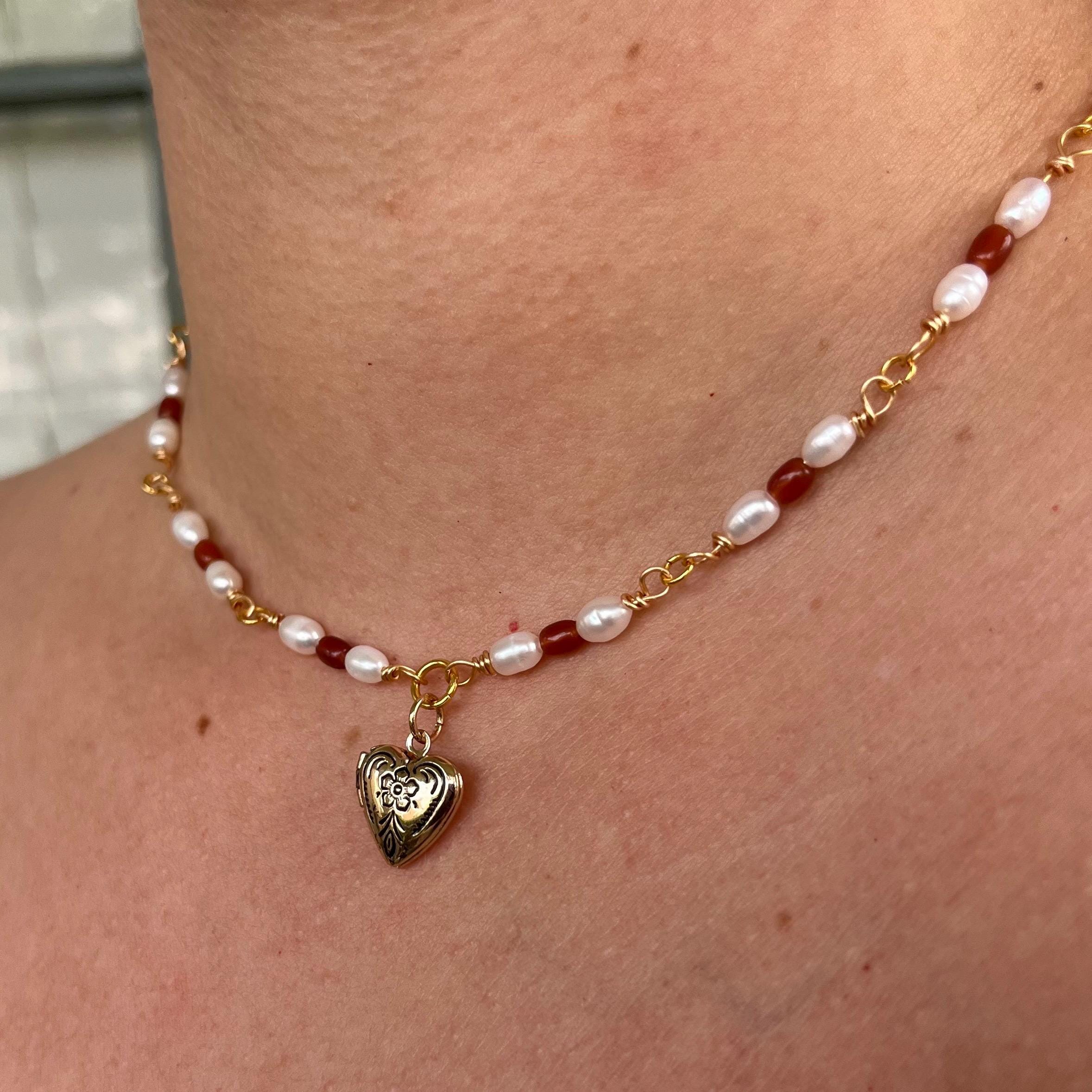 Heart of Gold Locket Necklace: With Freshwater Pearls and Amber Beading