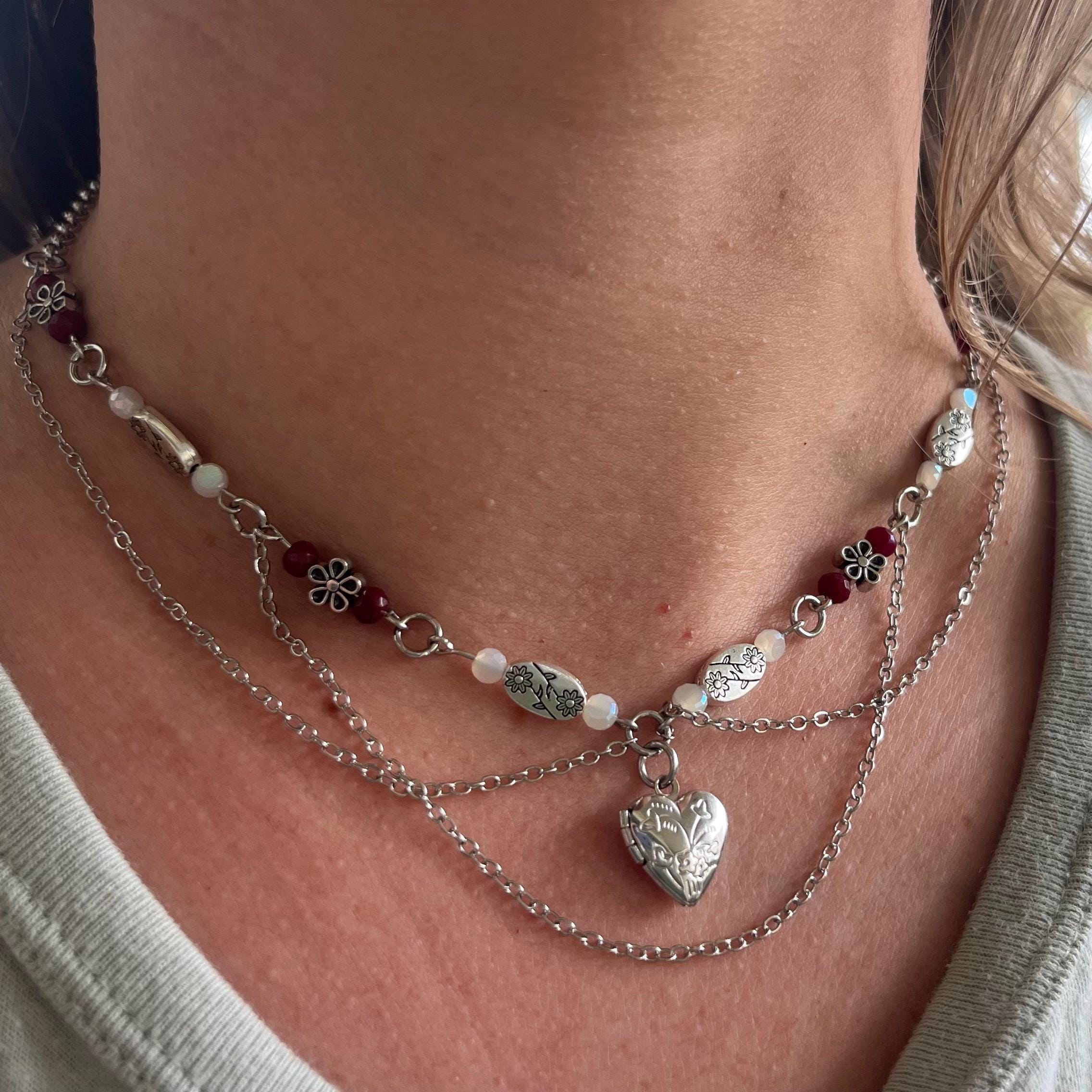 Silver Secret: Silver Locket Necklace with Silver Chain and Flower Beading