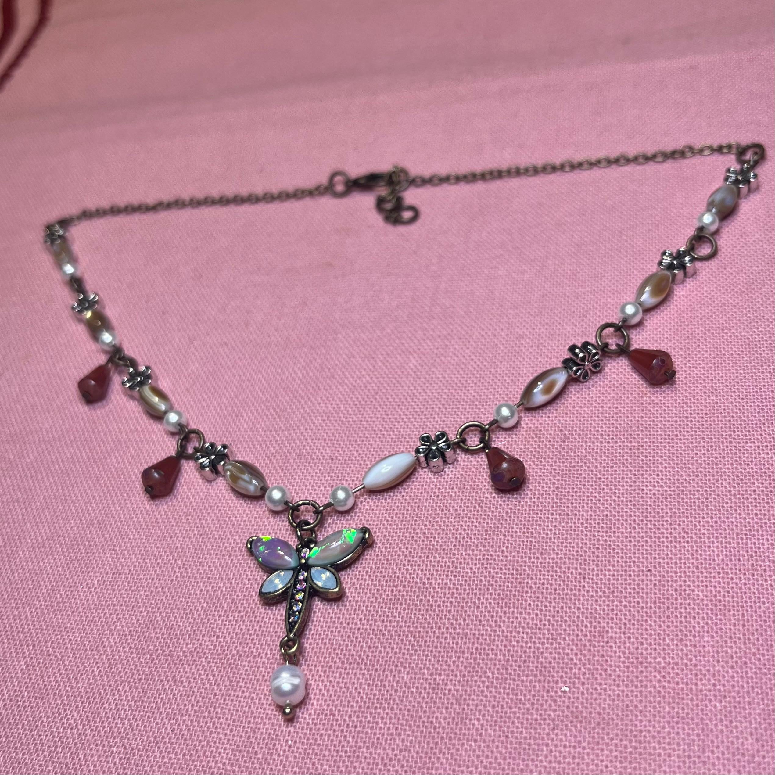 Winged Whisper: Opaline Dragonfly Necklace with Flower Beading