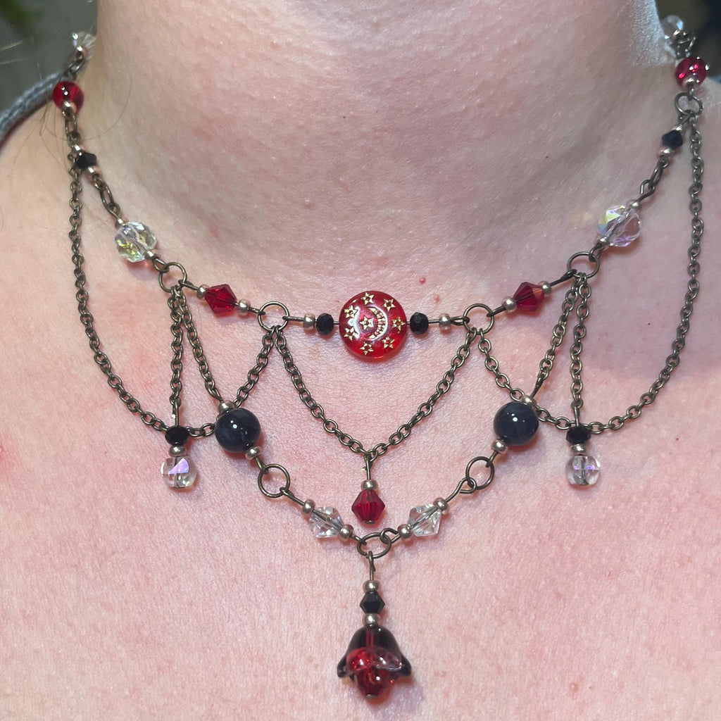 Sanguine Ballad: Red and Black Beaded Chain Choker Necklace