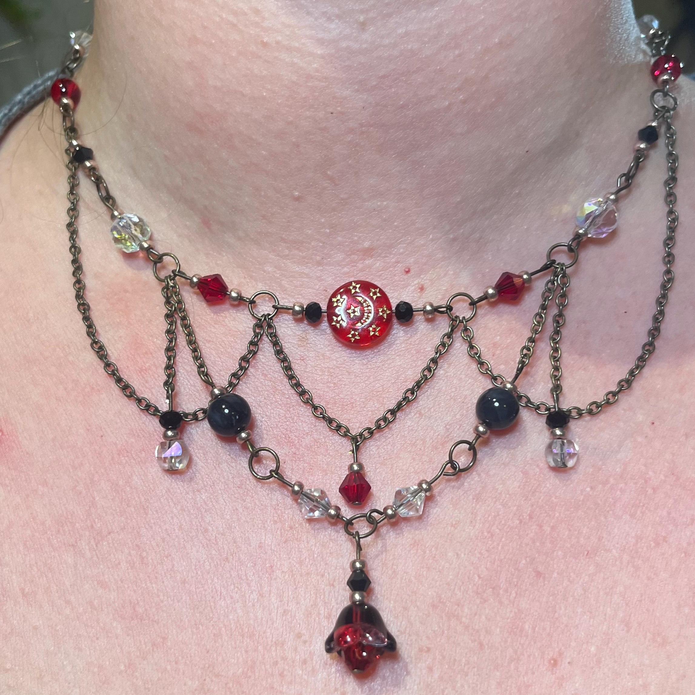 Sanguine Ballad: Red and Black Beaded Chain Choker Necklace
