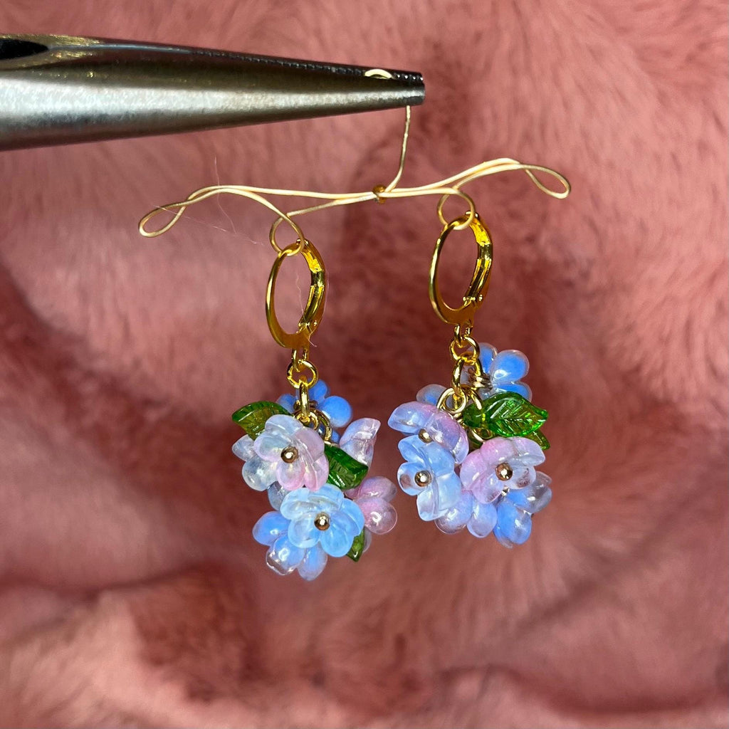 Pixie Pedals Hoop Earrings: Blue and Purple Flower Cluster Dangle Hoop Earrings
