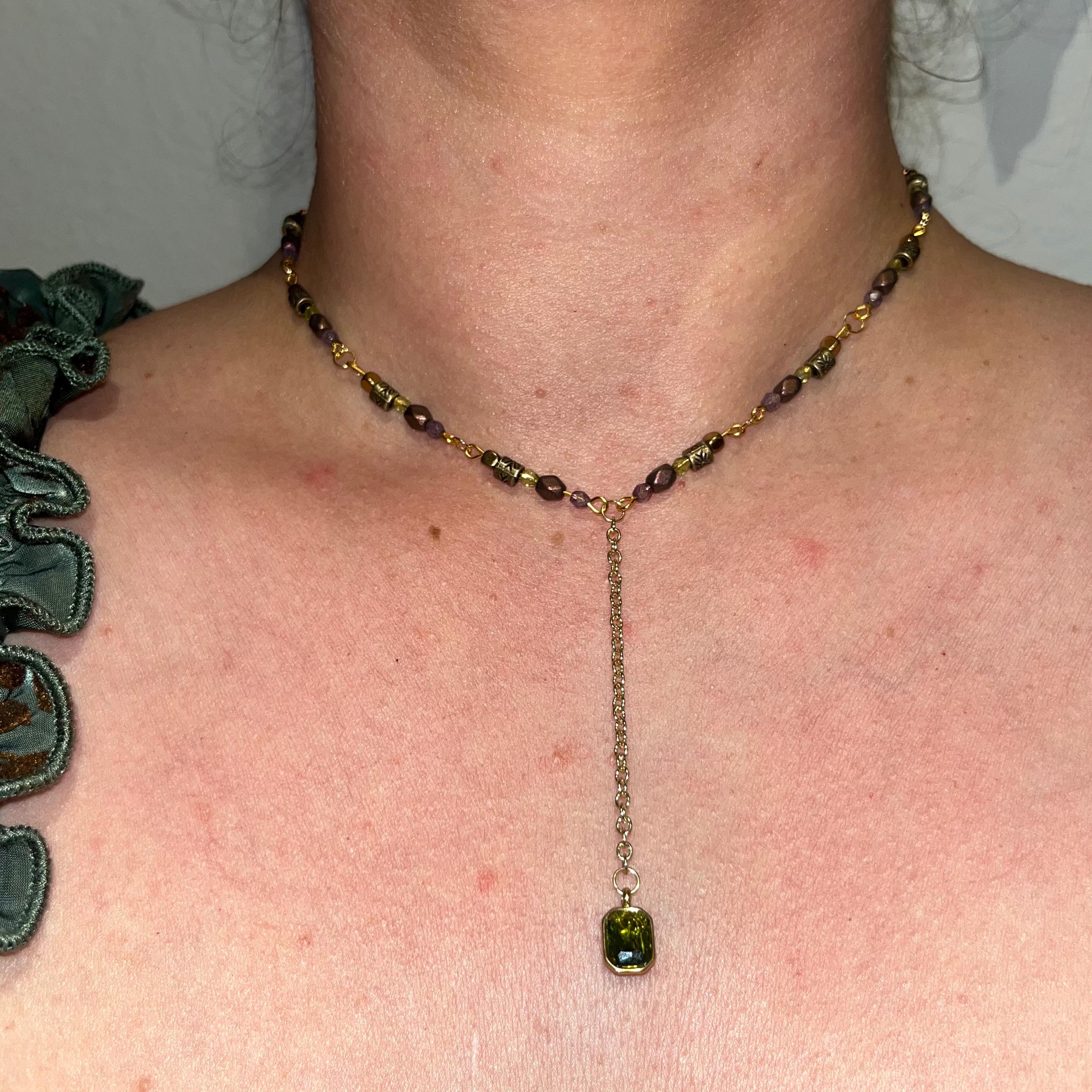 Sage Dewdrop Choker Necklace: Green Jewel Pendant Necklace with Gold, Purple, and Green Beading