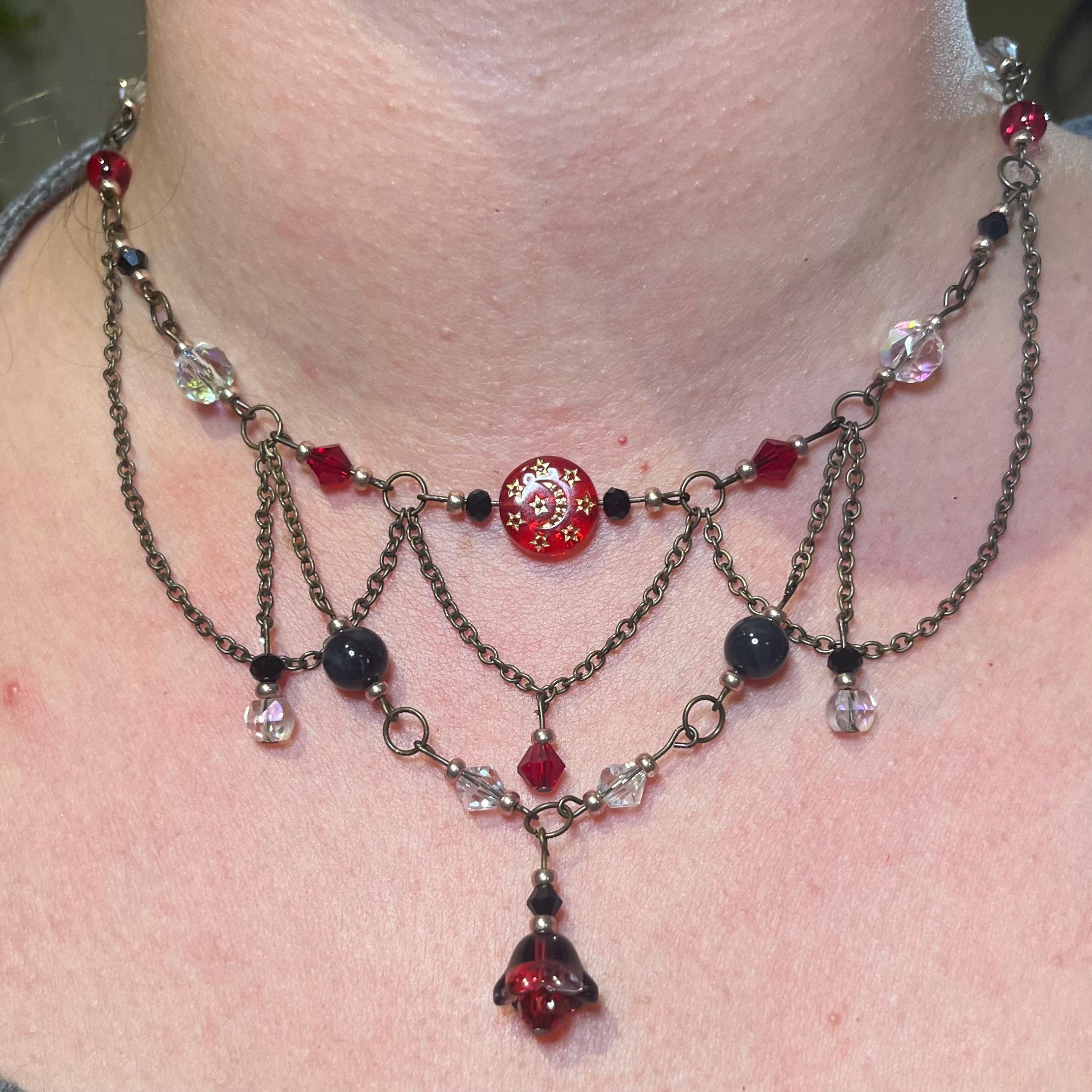 Sanguine Ballad: Red and Black Beaded Chain Choker Necklace