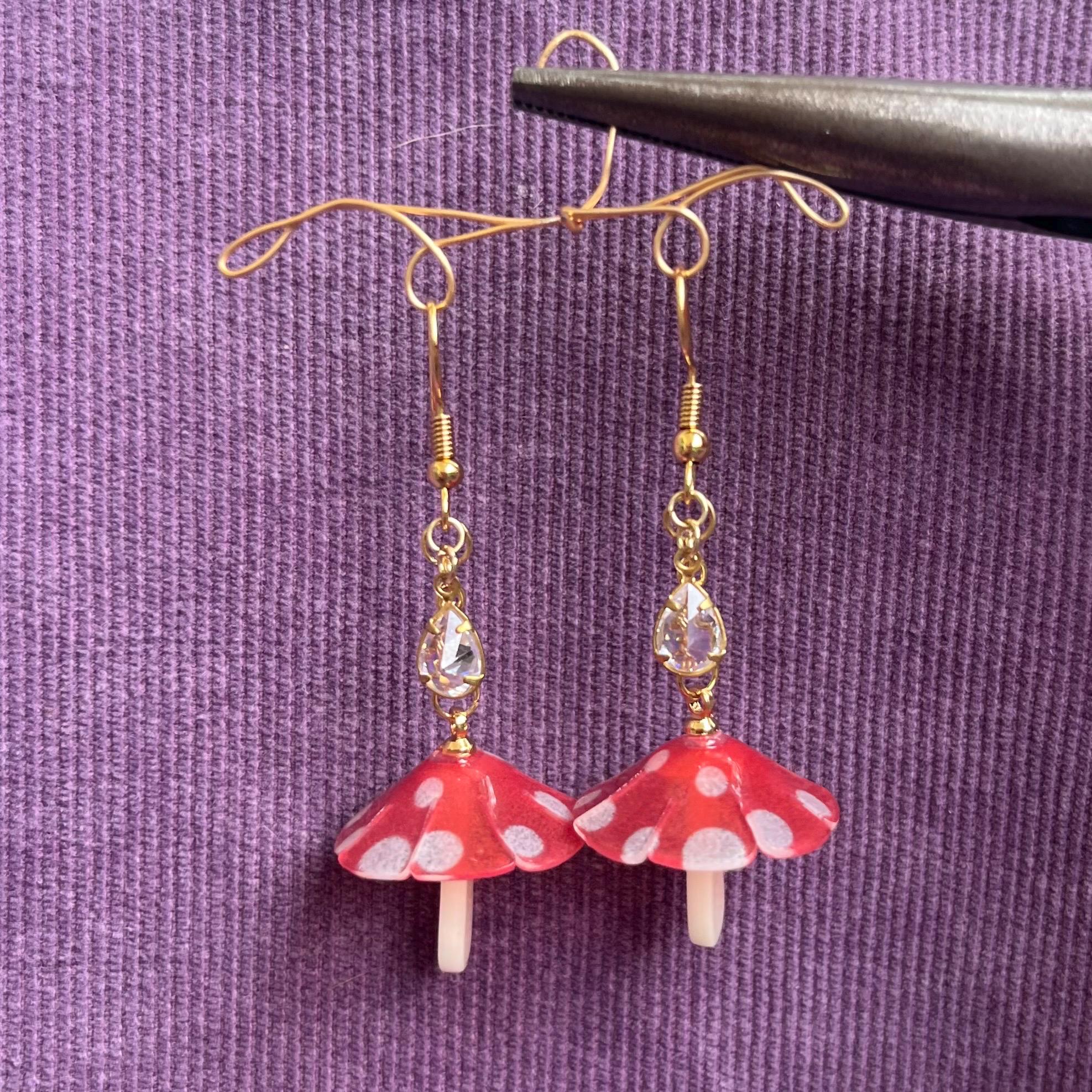Toadstool Teardrop Earrings: Mushroom Dangle Earrings with Crystal Beading