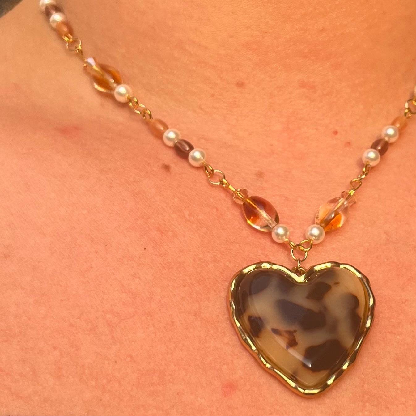 Honey-Bee Heart Necklace: Tortoise Shell Heart Necklace with Faux Pearl and Earth Tone Beading