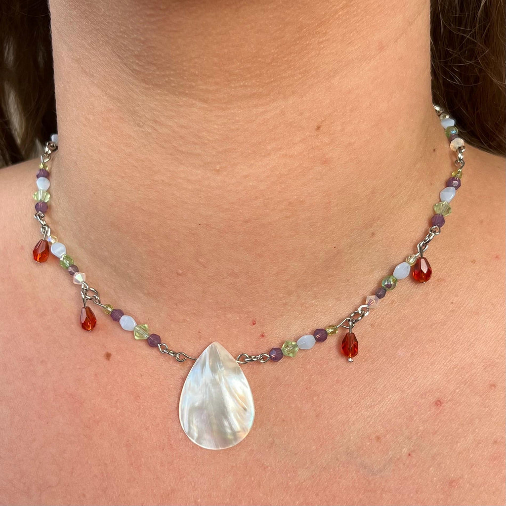Ariel’s Treasure Pearl Necklace Mother of Pearl Necklace with Green and Purple Swarovski Beading