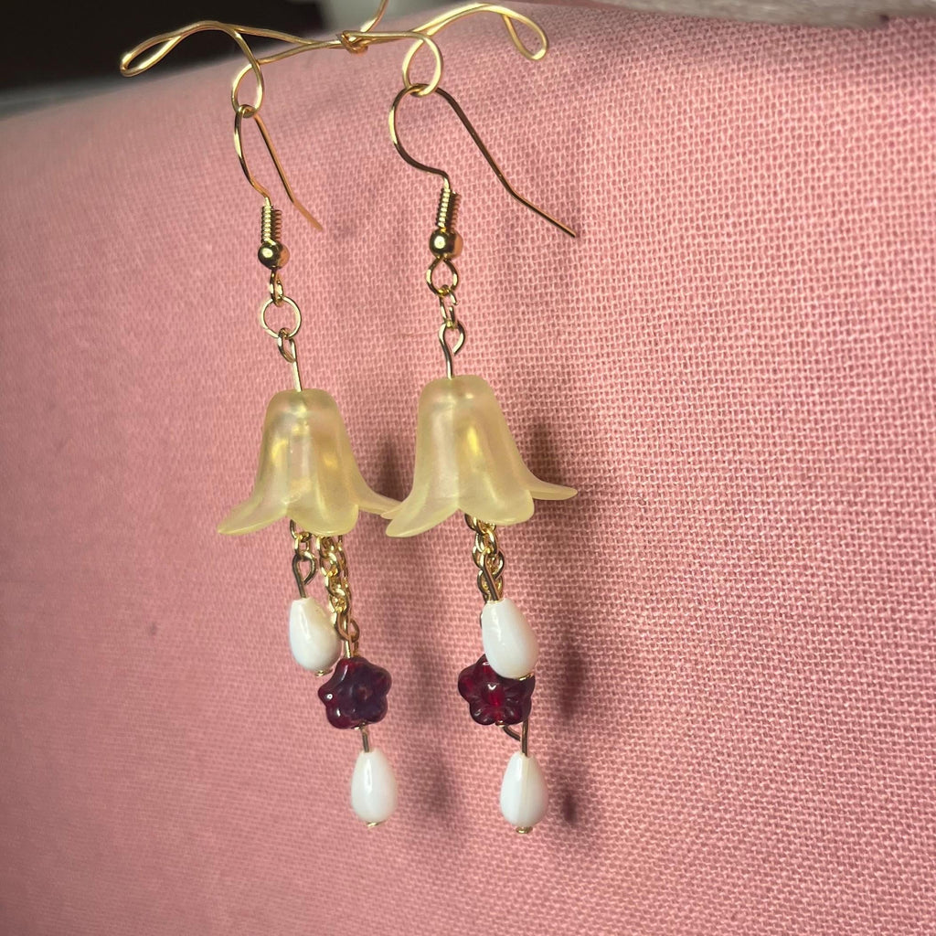 Morning Bellflower Dangle Earrings: Yellow Flower earrings with White Beads and Maroon Flowers
