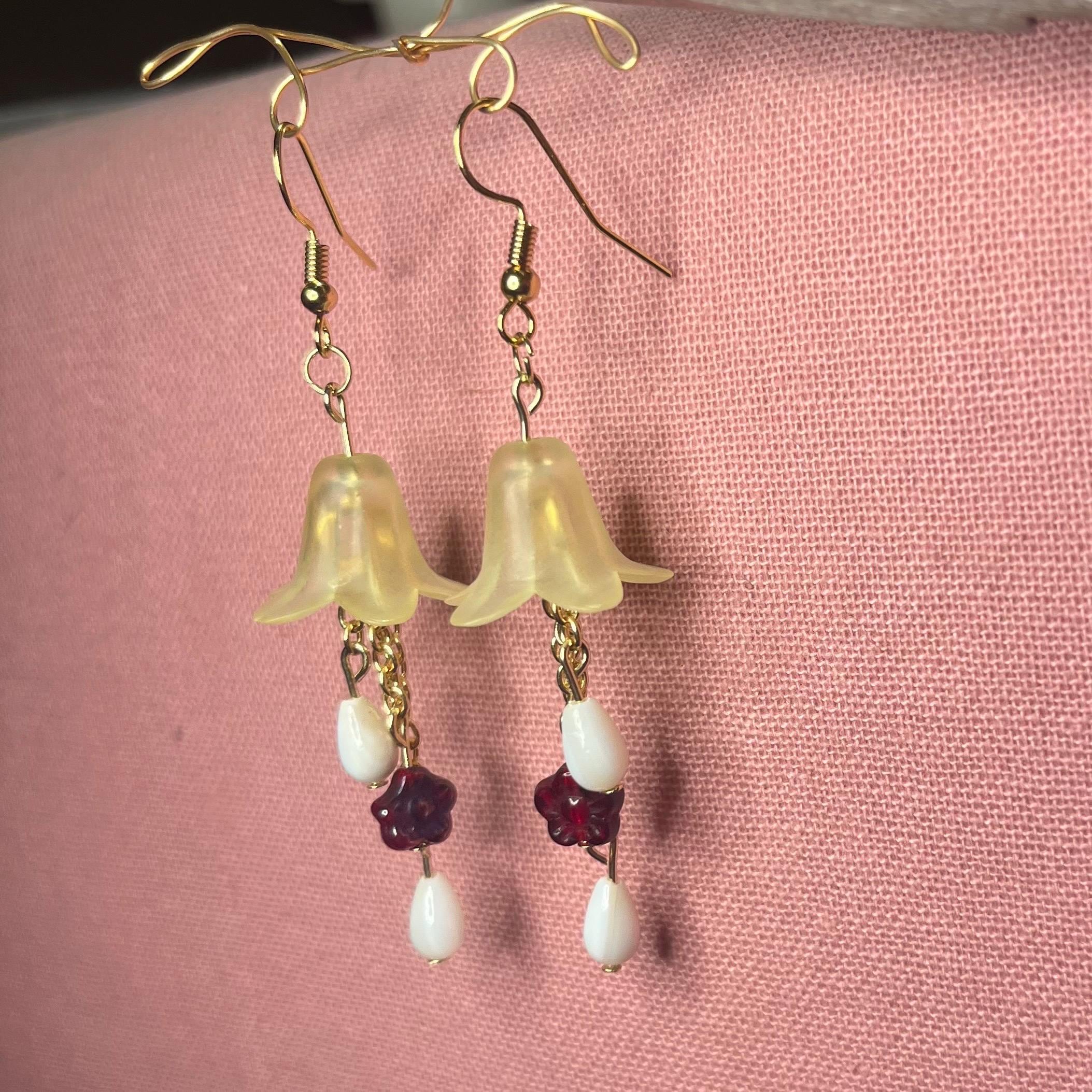 Morning Bellflower Dangle Earrings: Yellow Flower earrings with White Beads and Maroon Flowers