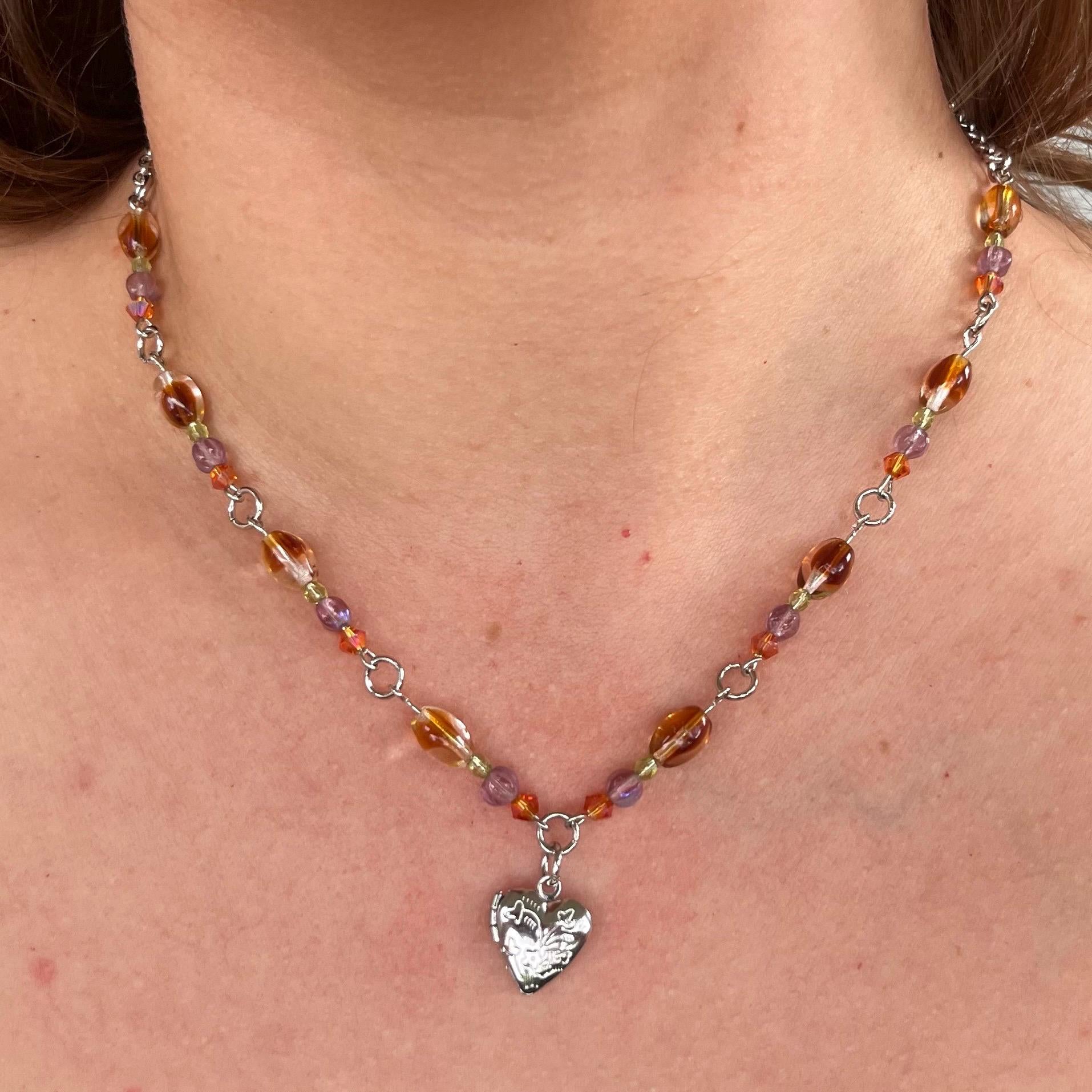 Pixie-Pocket Locket Necklace: Silver Locket Necklace with Earthy Toned Beading