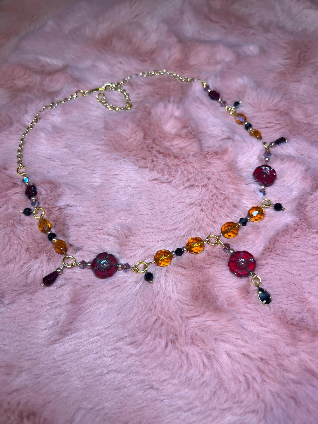 Red Flower: Maroon and Orange Gold Choker Necklace