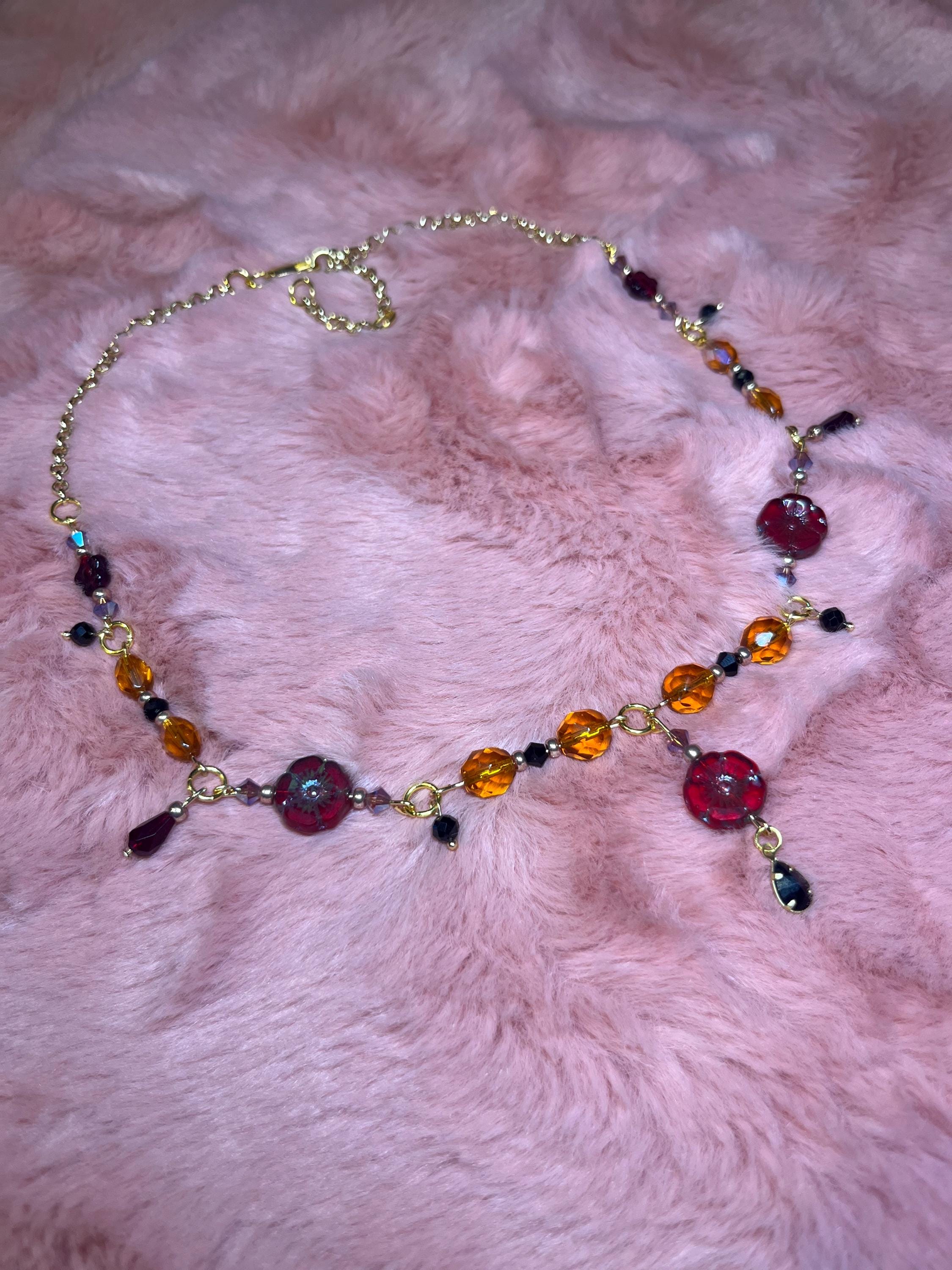 Red Flower: Maroon and Orange Gold Choker Necklace