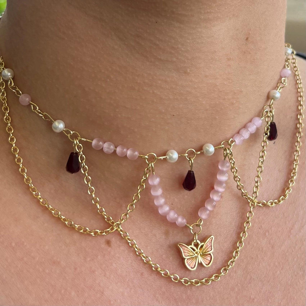 Monarch Melody: Butterfly Choker with Chain and Pink/Pearl Beading