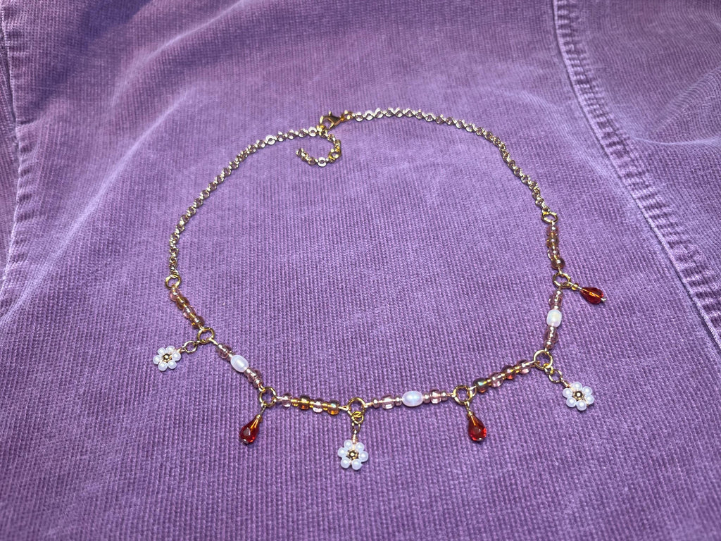 Sakura Fields Forever: Gold chain choker necklace with white flower beading