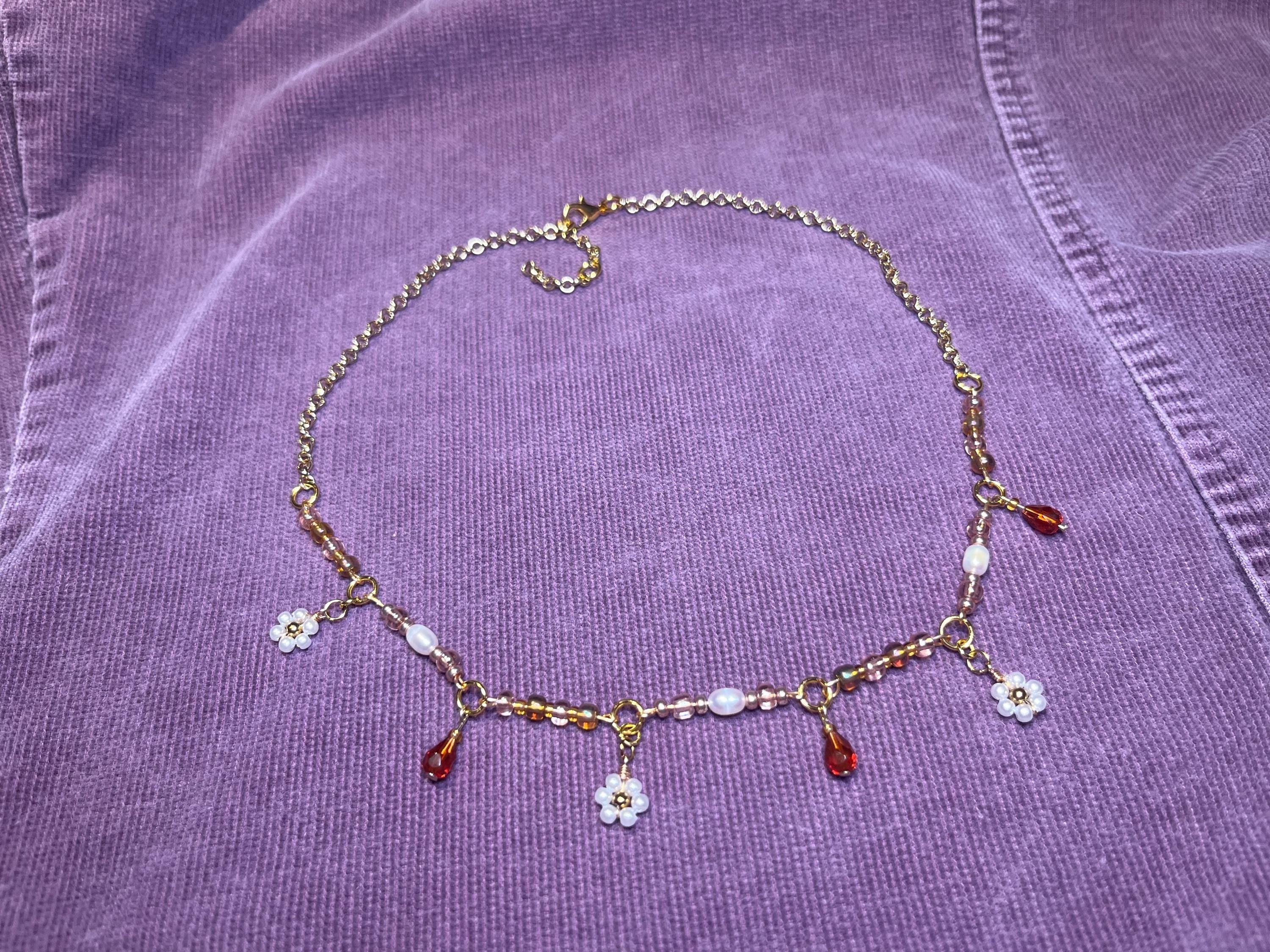 Sakura Fields Forever: Gold chain choker necklace with white flower beading
