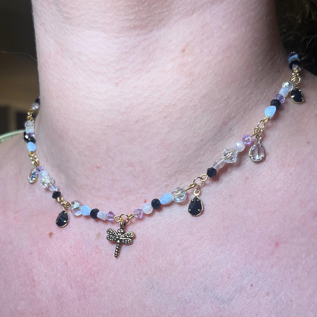 Midnight Meadow Necklace: Purple, Blue, and Black Beading with Dragonfly Pendant