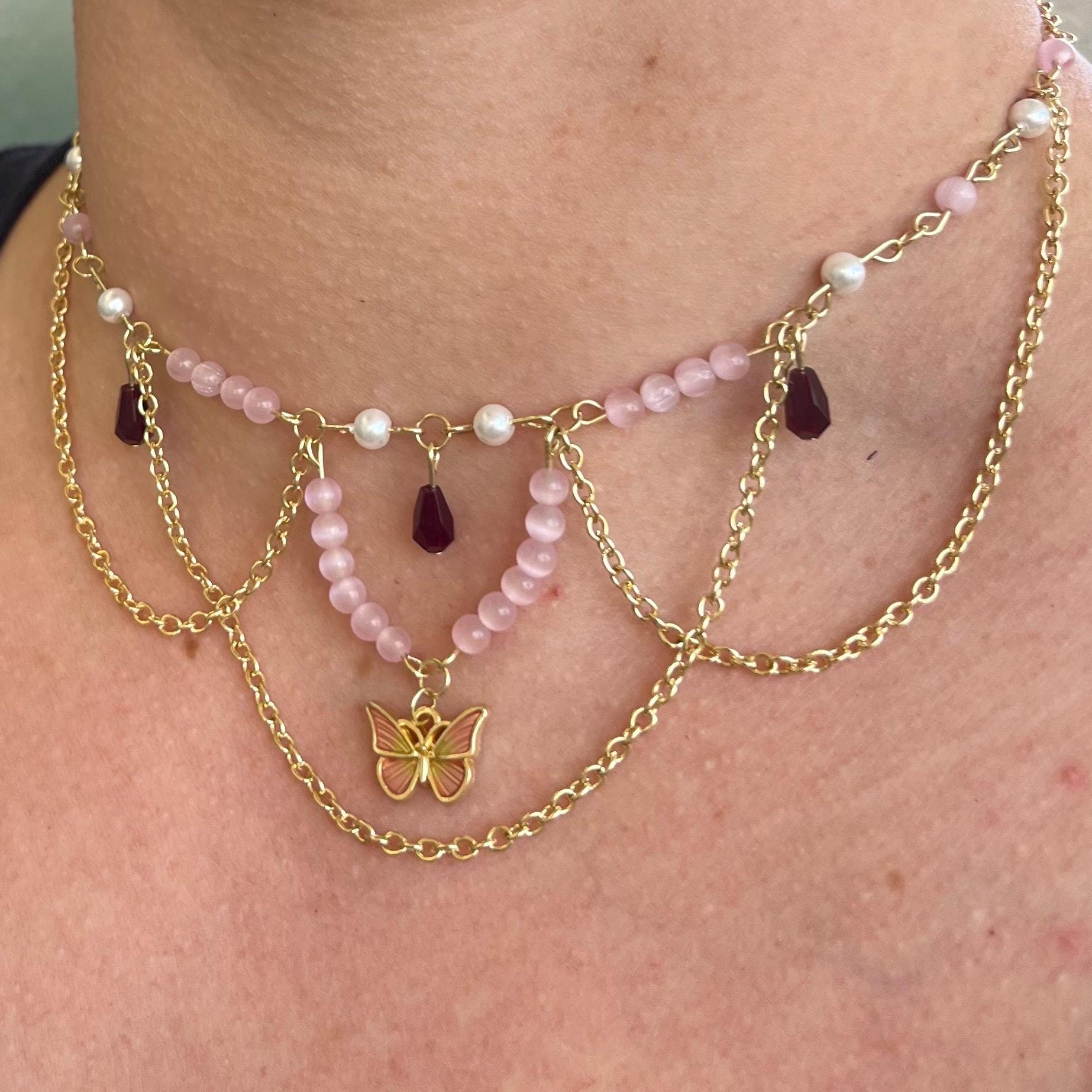 Monarch Melody: Butterfly Choker with Chain and Pink/Pearl Beading