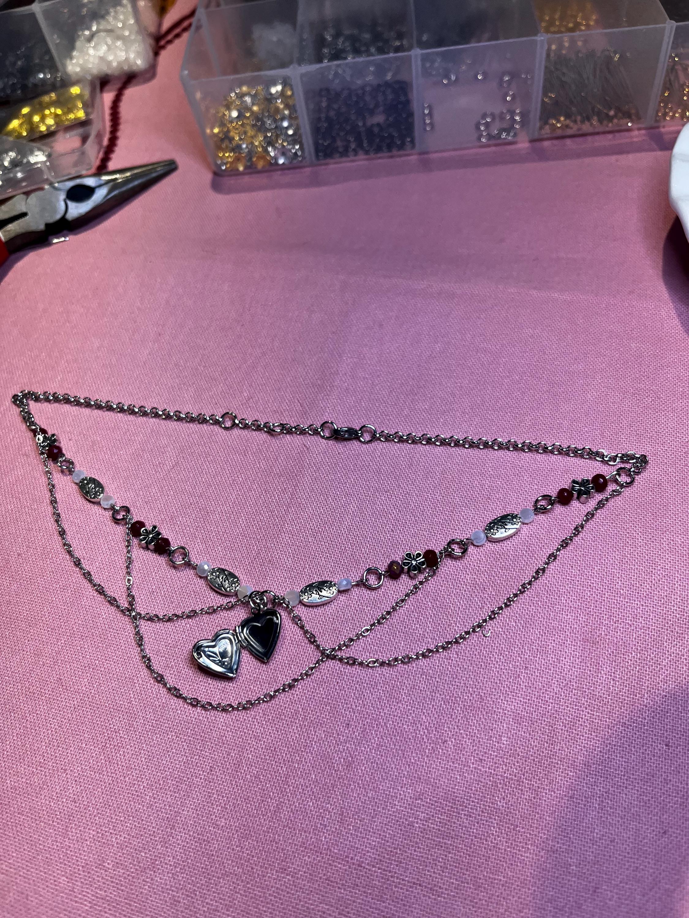 Silver Secret: Silver Locket Necklace with Silver Chain and Flower Beading