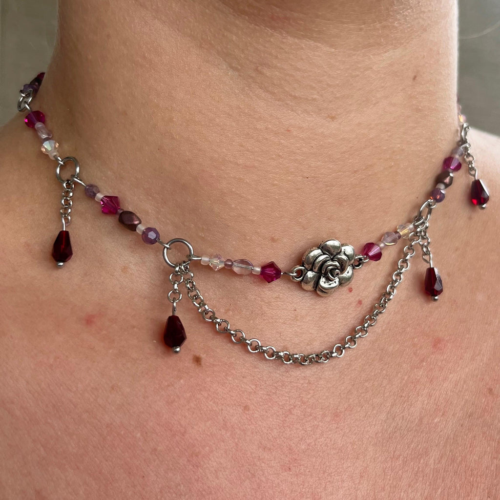 Fuchsia Fields: Pink/Fuchsia, Maroon, and Purple Beaded Choker Necklace with Silver Flower