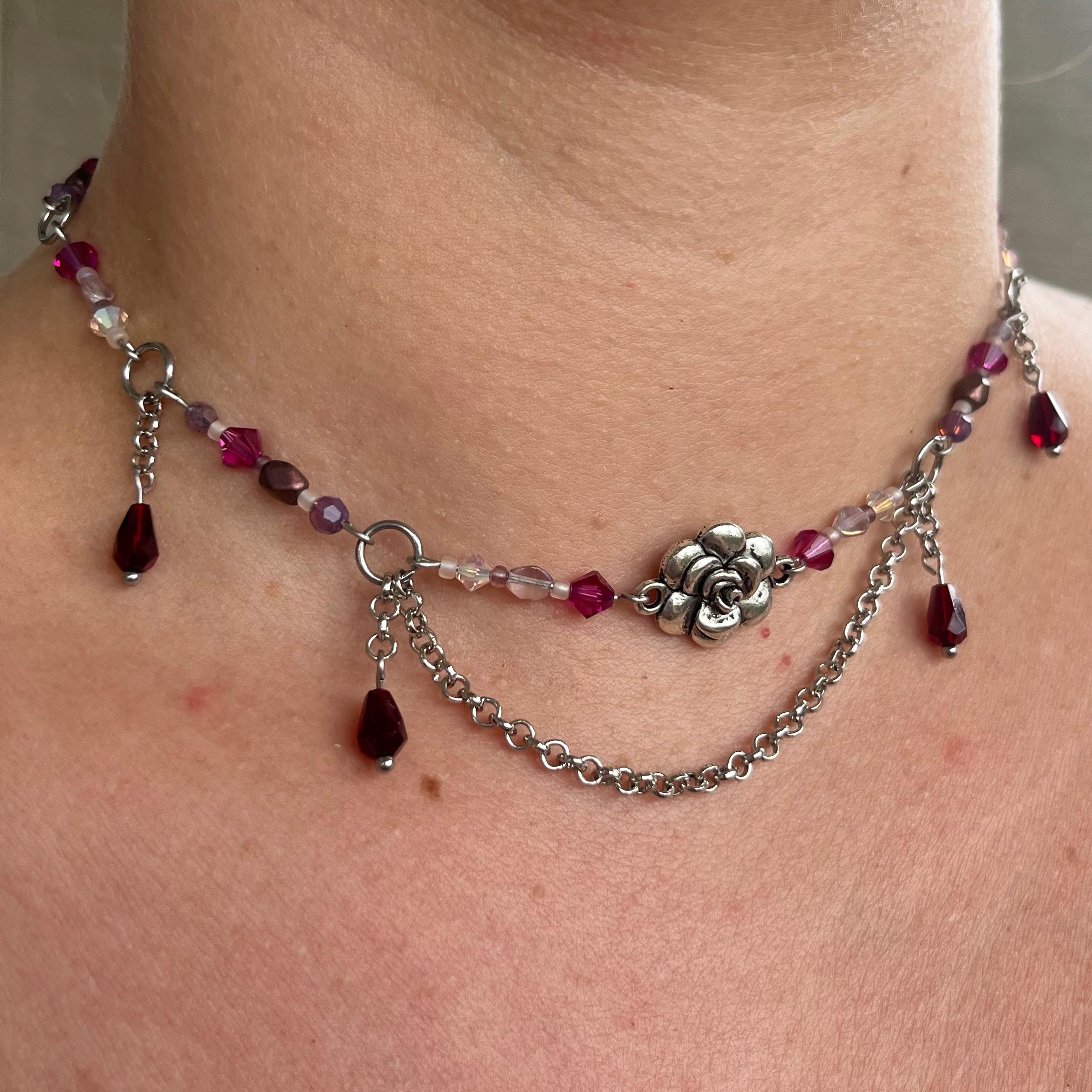 Fuchsia Fields: Pink/Fuchsia, Maroon, and Purple Beaded Choker Necklace with Silver Flower