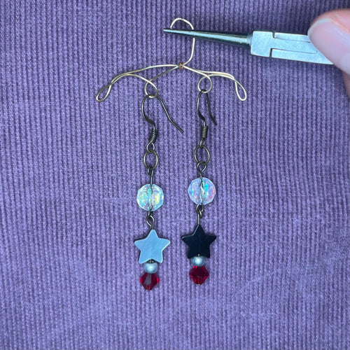 Black, Silver and Red Star Dangle Earrings