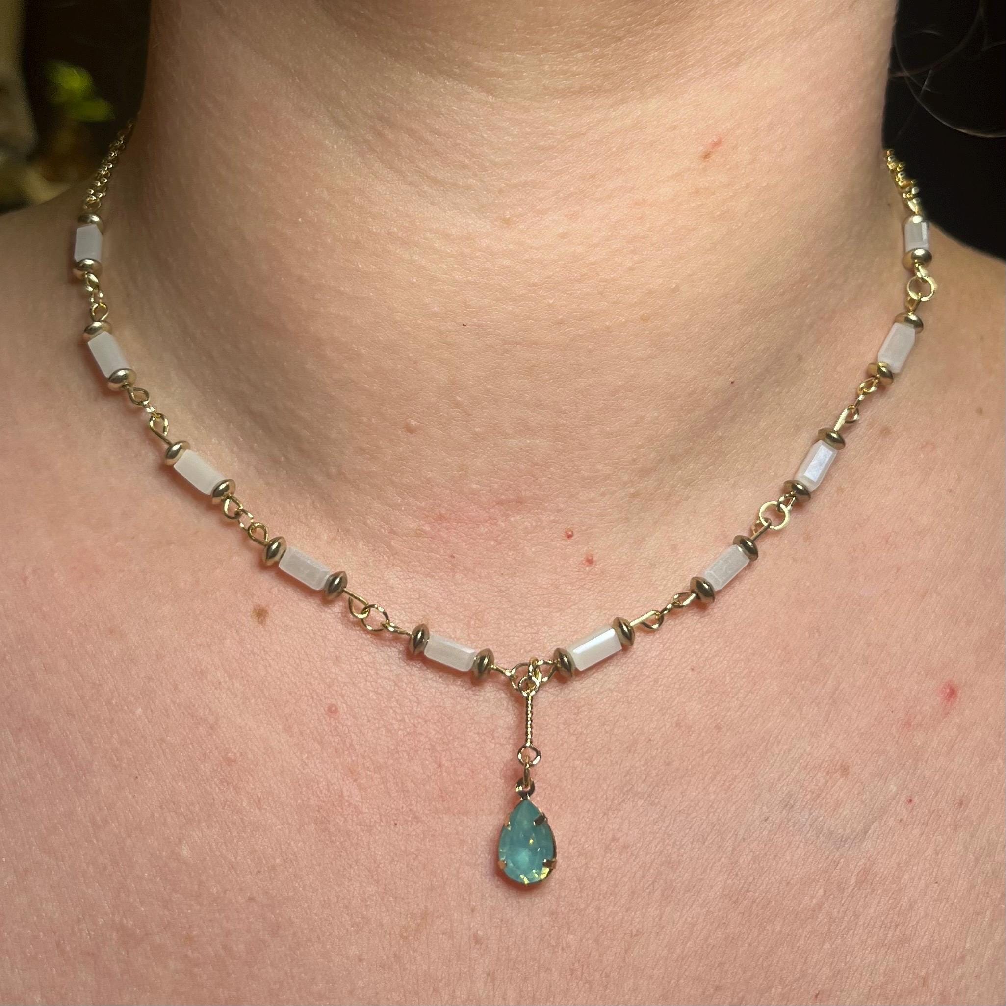 Mermaid Teardrop: White and Gold Beaded Necklace with Light Blue Jewel Pendant