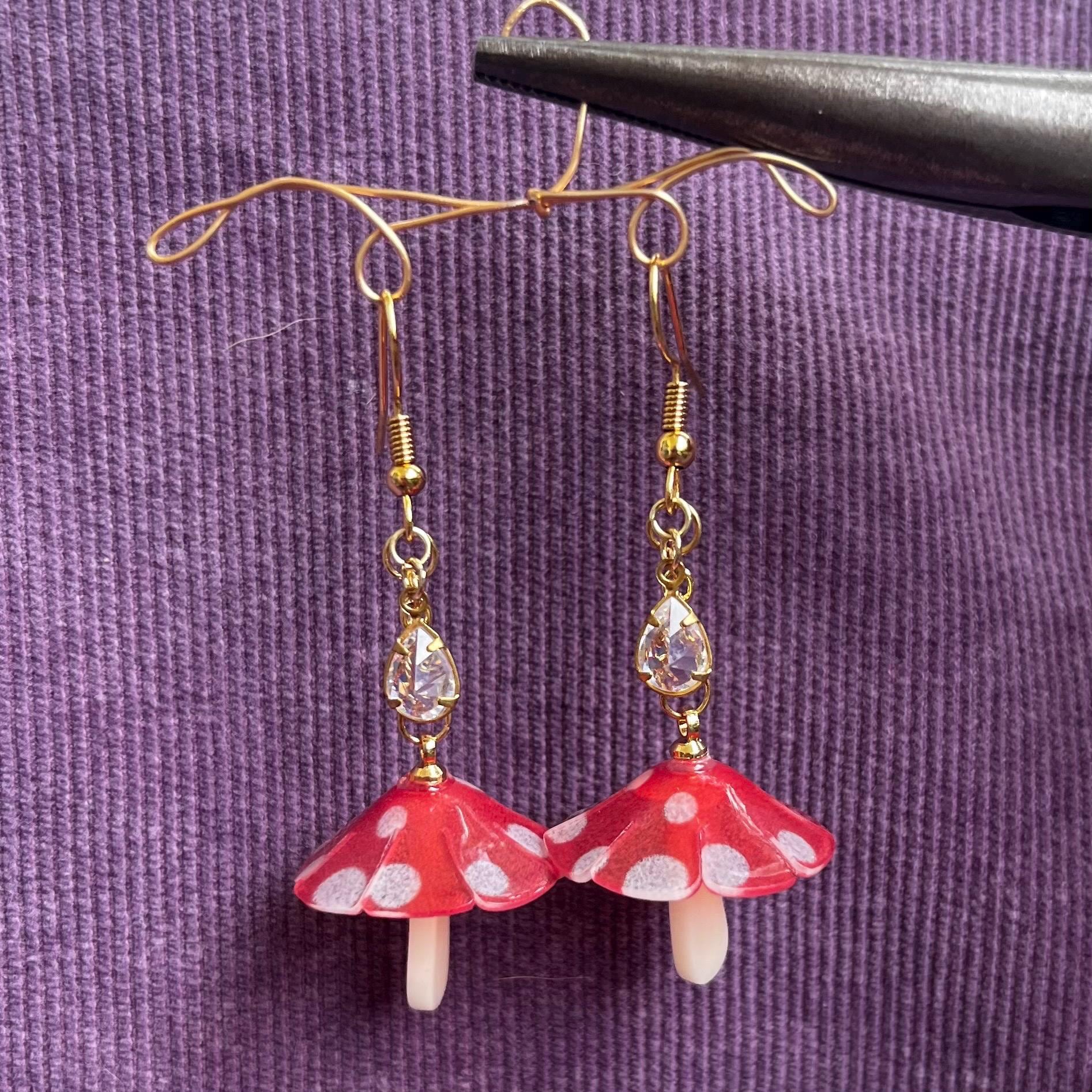 Toadstool Teardrop Earrings: Mushroom Dangle Earrings with Crystal Beading
