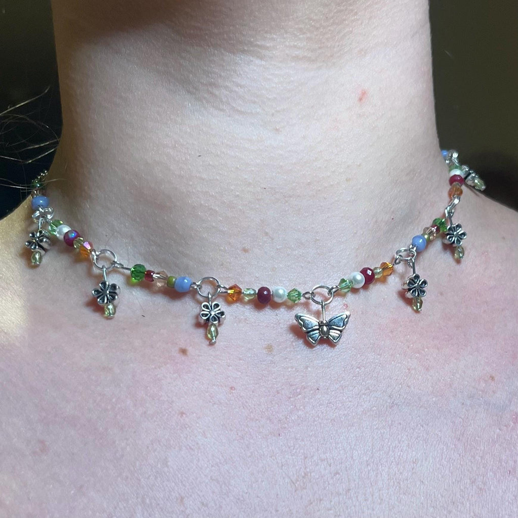 Spring Meadows: Flower Choker Necklace with Colorful Beading and Butterfly Center Piece