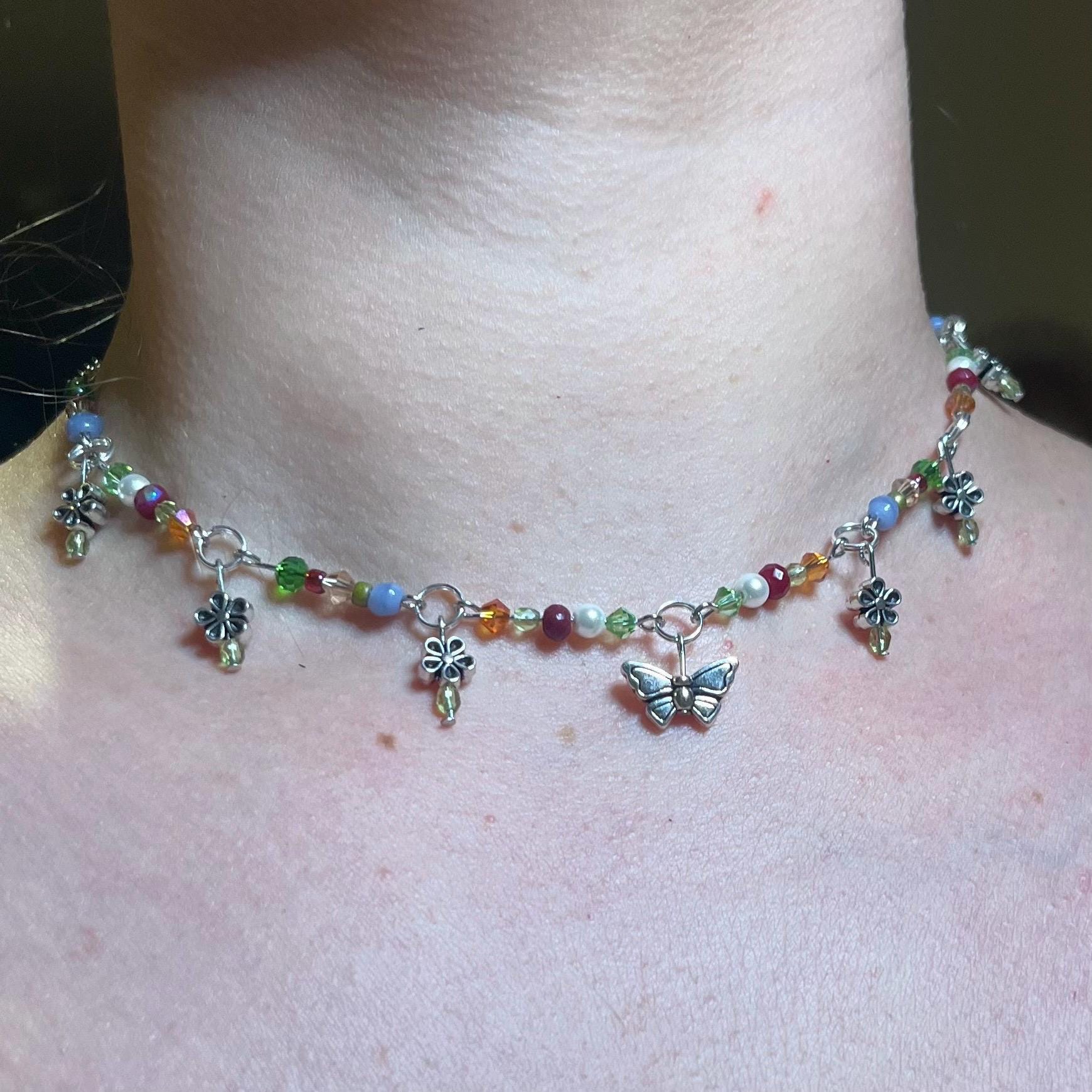 Spring Meadows: Flower Choker Necklace with Colorful Beading and Butterfly Center Piece
