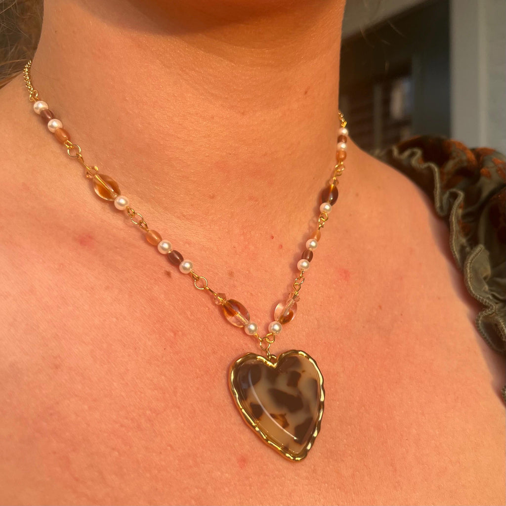 Honey-Bee Heart Necklace: Tortoise Shell Heart Necklace with Faux Pearl and Earth Tone Beading