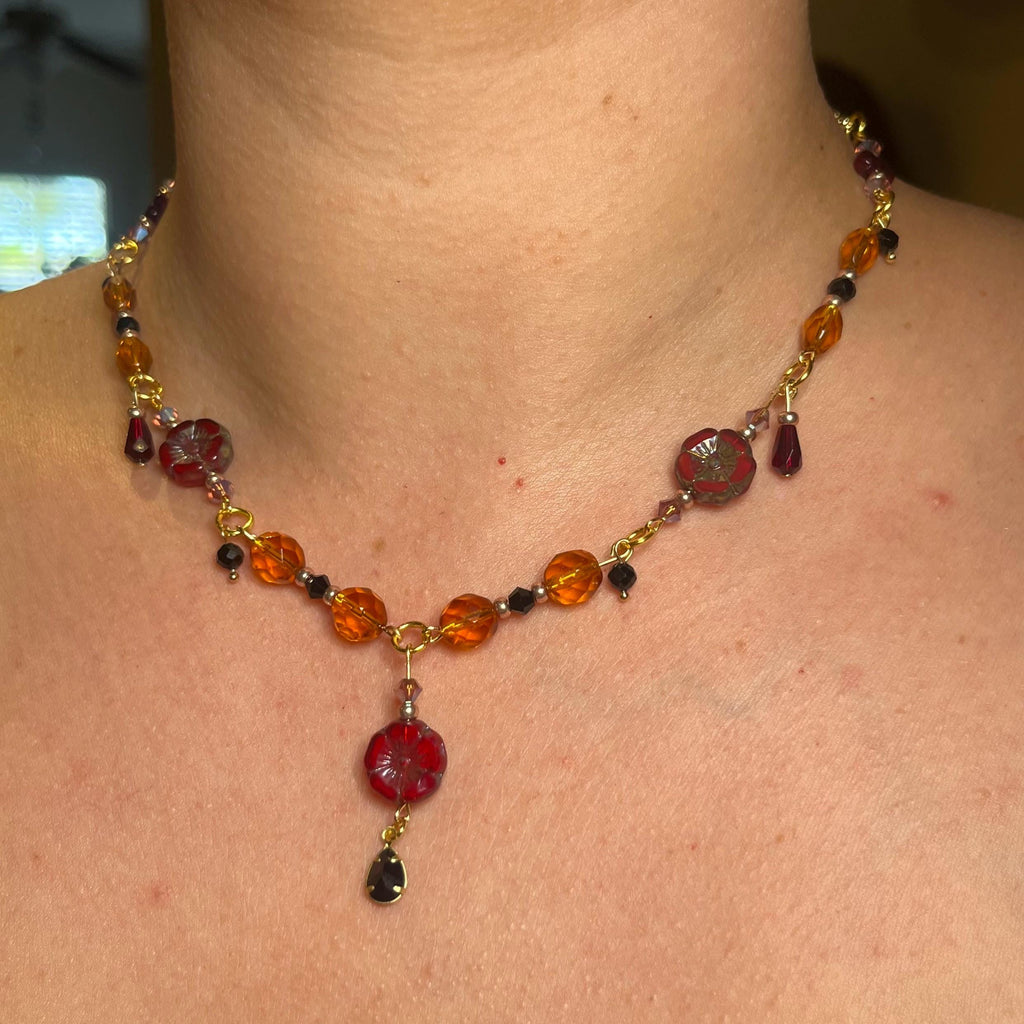 Red Flower: Maroon and Orange Gold Choker Necklace