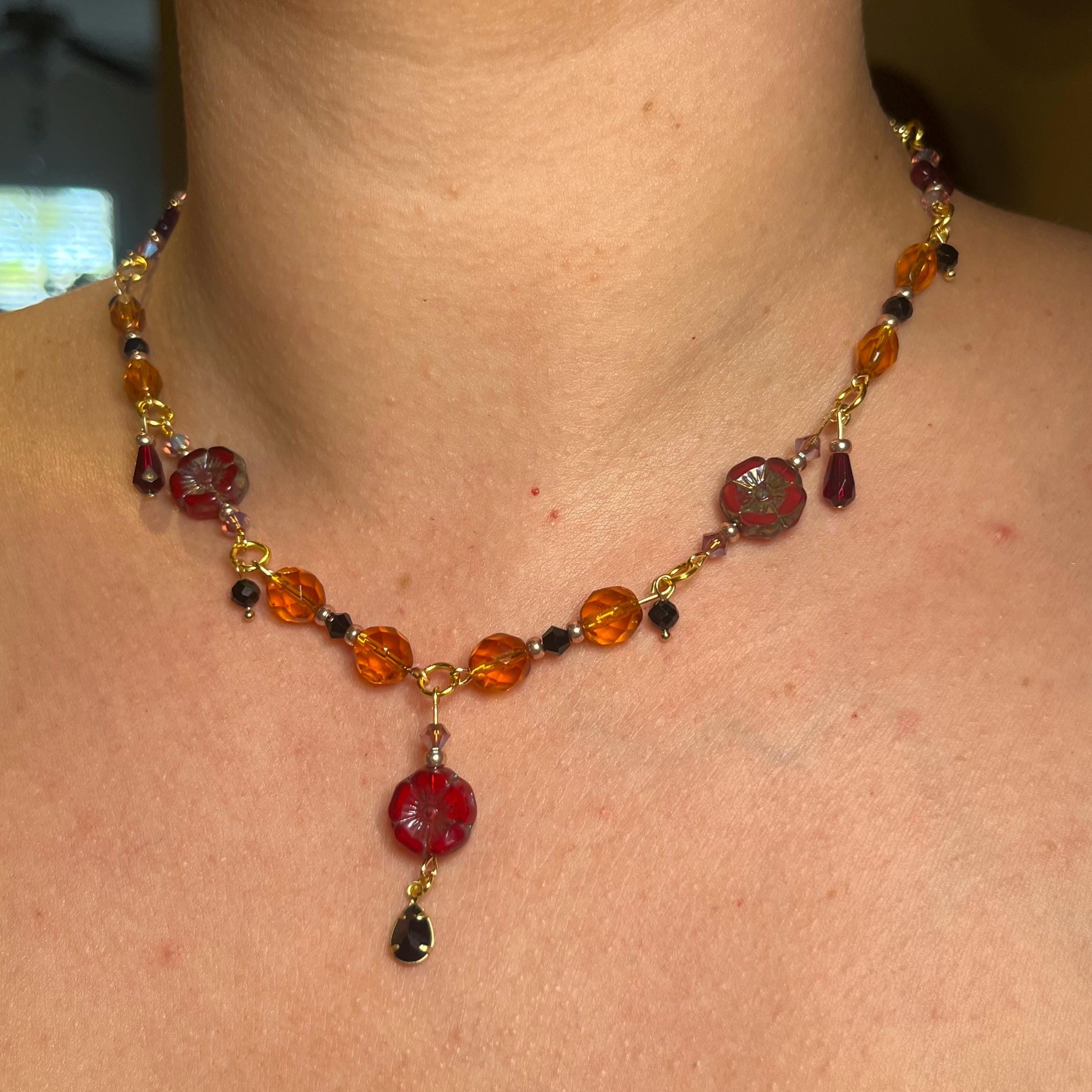 Red Flower: Maroon and Orange Gold Choker Necklace