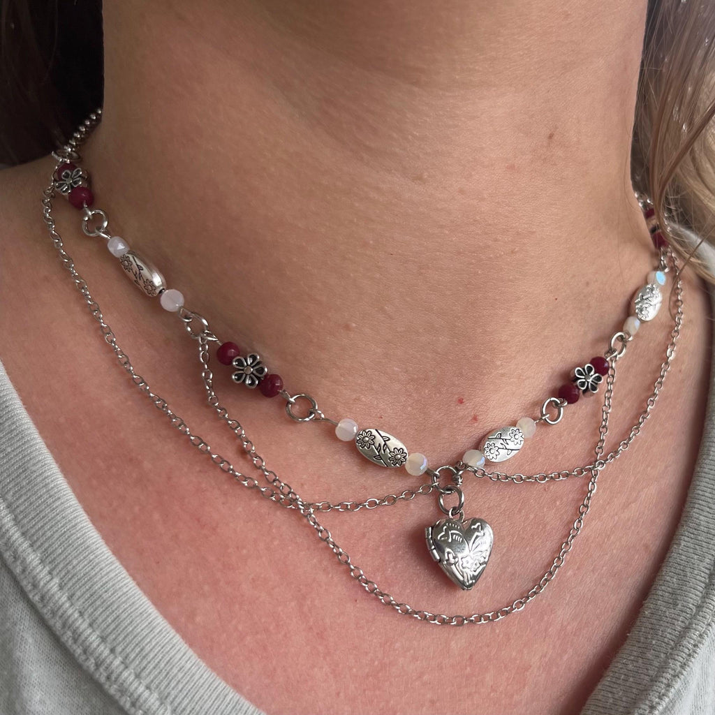 Silver Secret: Silver Locket Necklace with Silver Chain and Flower Beading