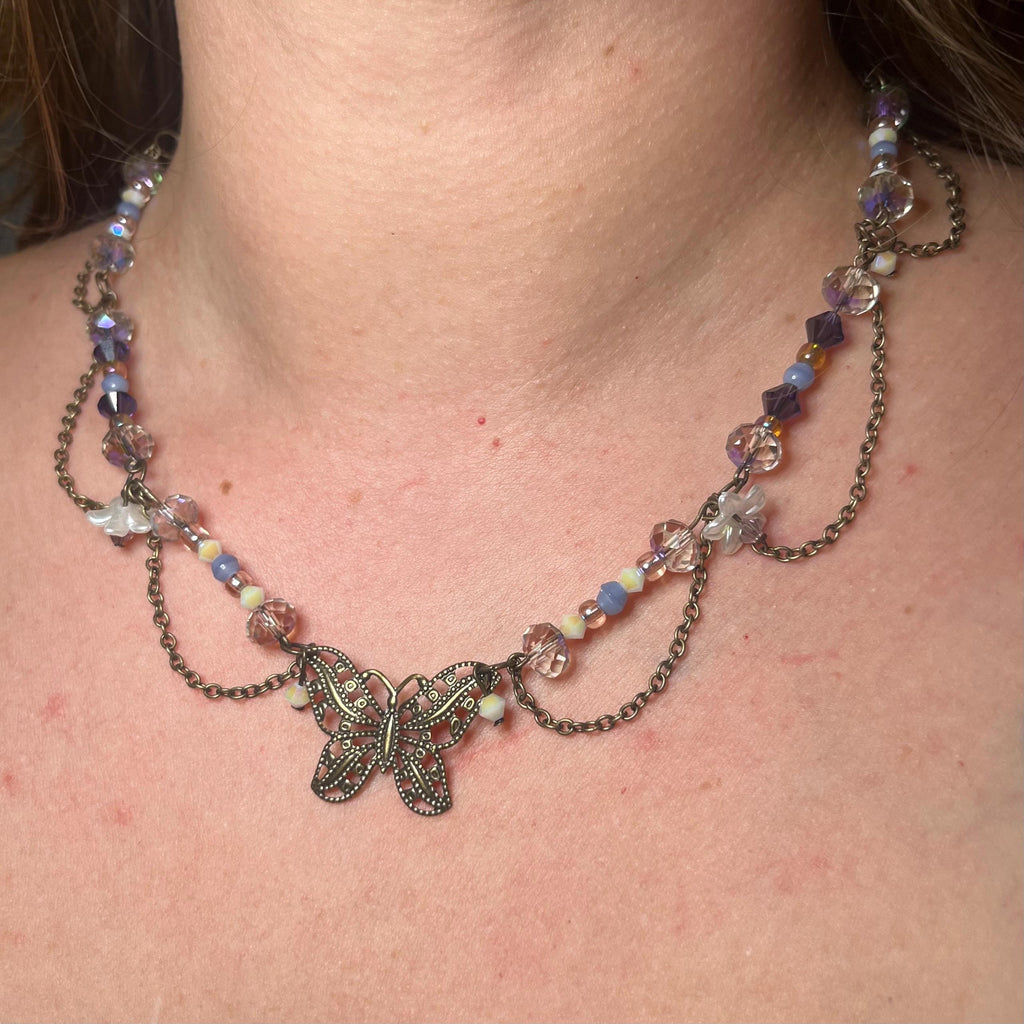 Purple Beaded Butterfly Pendant Choker Necklace