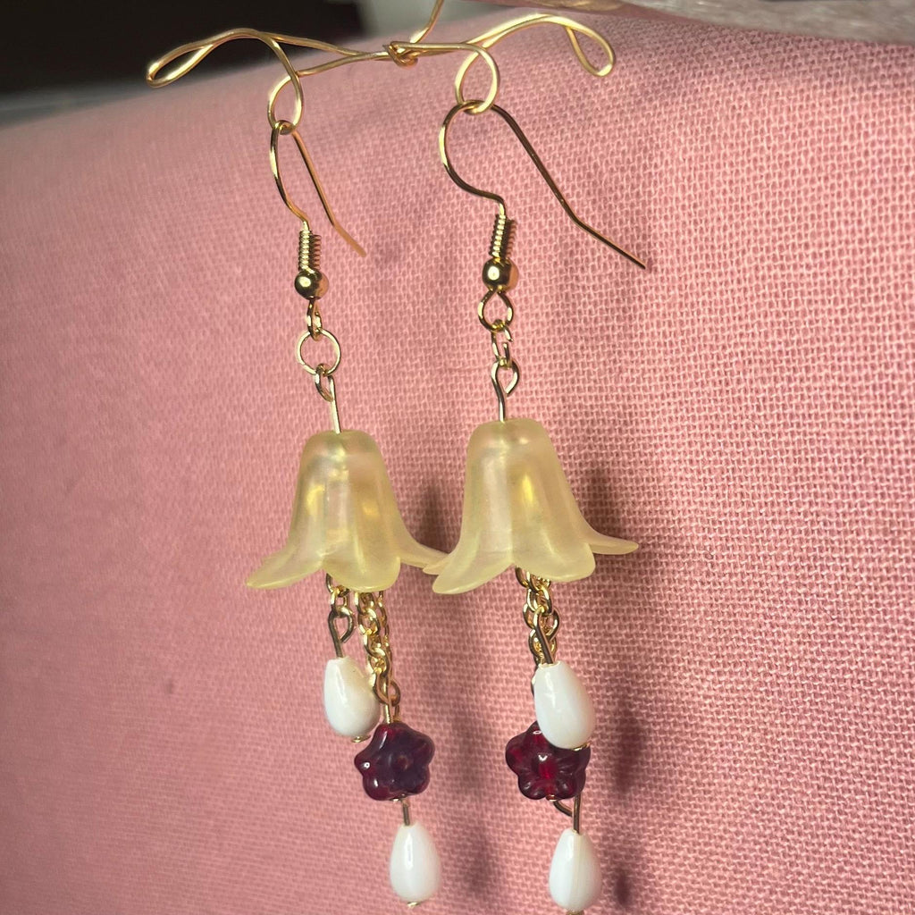 Morning Bellflower Dangle Earrings: Yellow Flower earrings with White Beads and Maroon Flowers