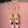 Morning Bellflower Dangle Earrings: Yellow Flower earrings with White Beads and Maroon Flowers