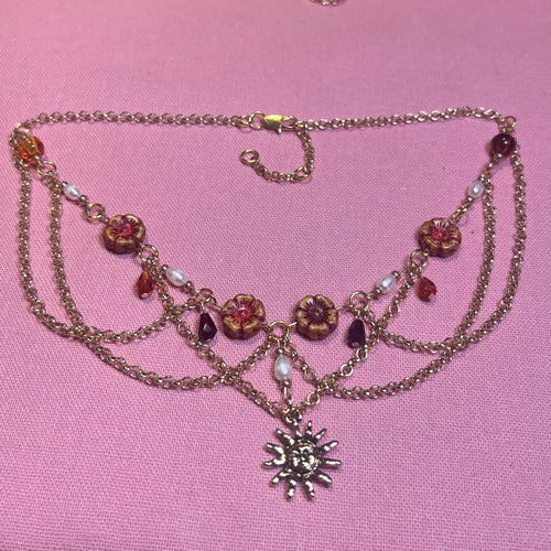 Amber Sol: Orange, Maroon, Sun Choker with Gold Chain