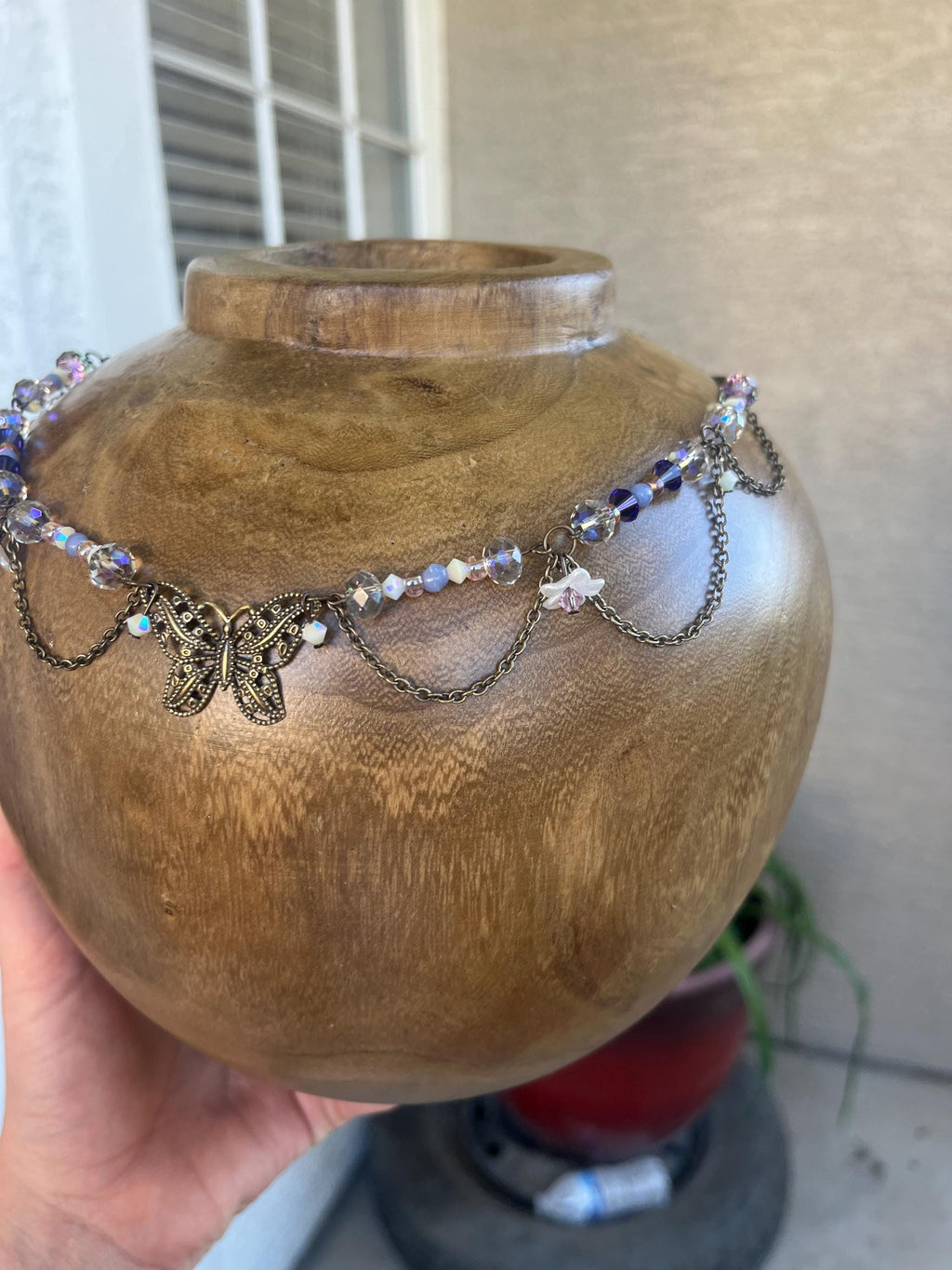 Purple Beaded Butterfly Pendant Choker Necklace