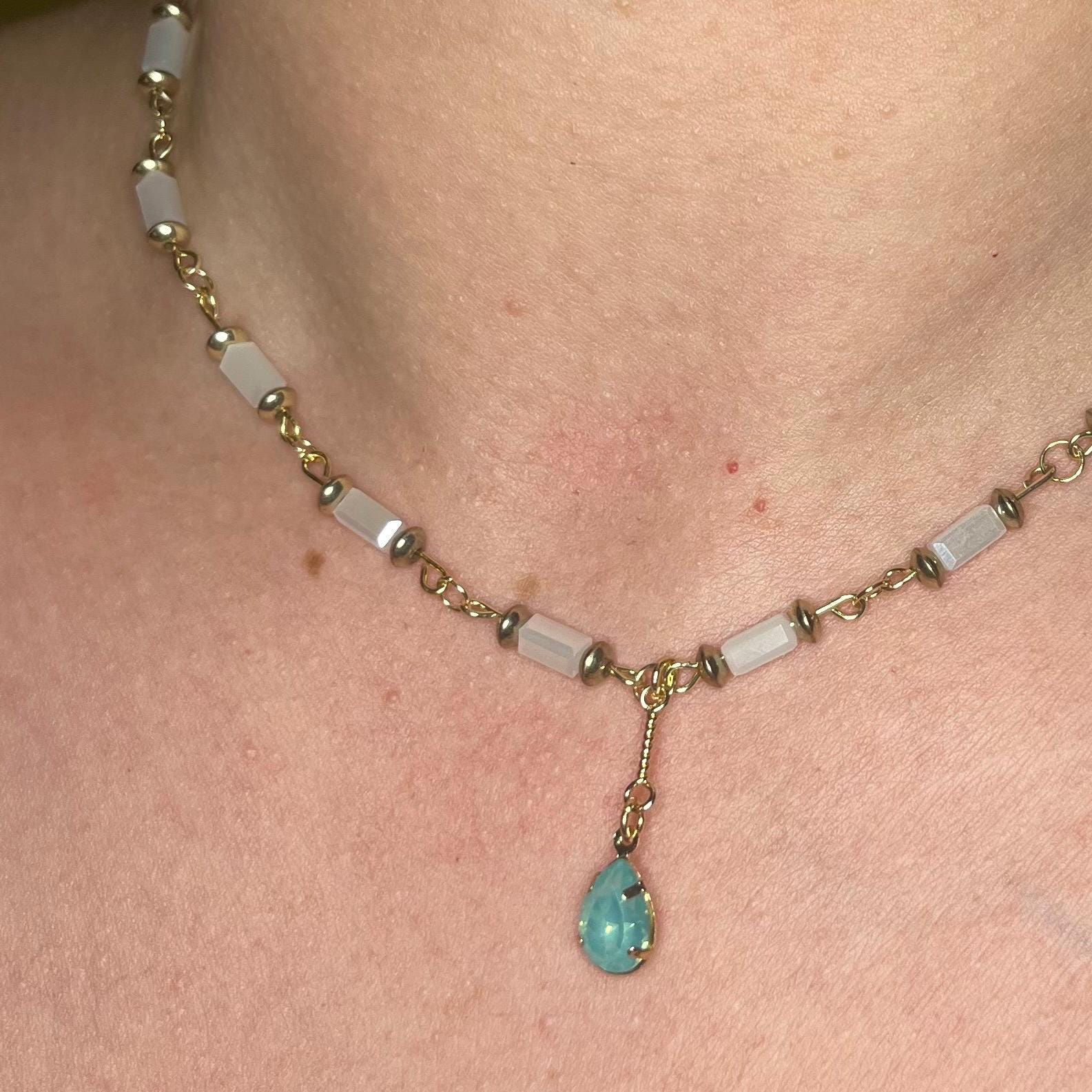 Mermaid Teardrop: White and Gold Beaded Necklace with Light Blue Jewel Pendant