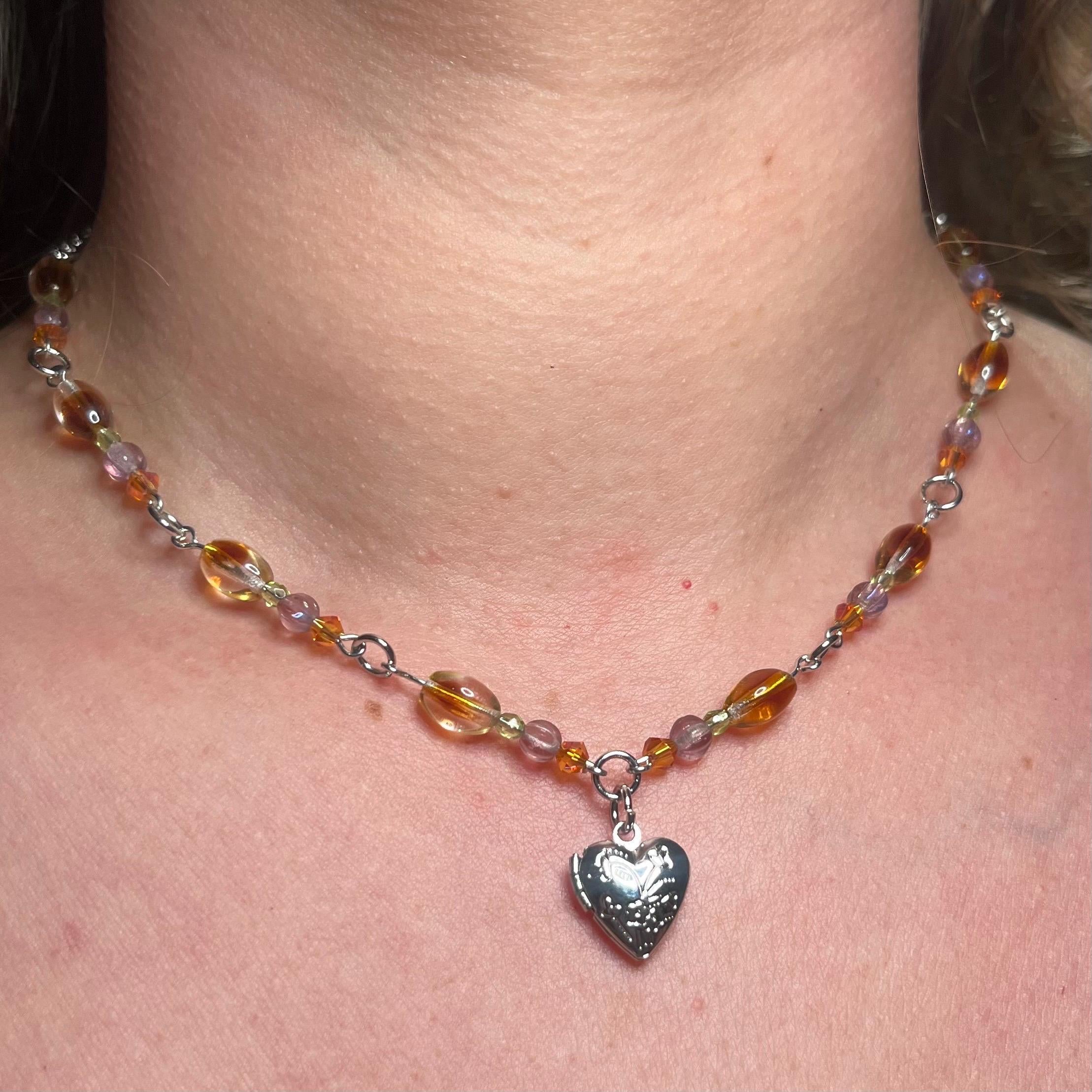 Pixie-Pocket Locket Necklace: Silver Locket Necklace with Earthy Toned Beading