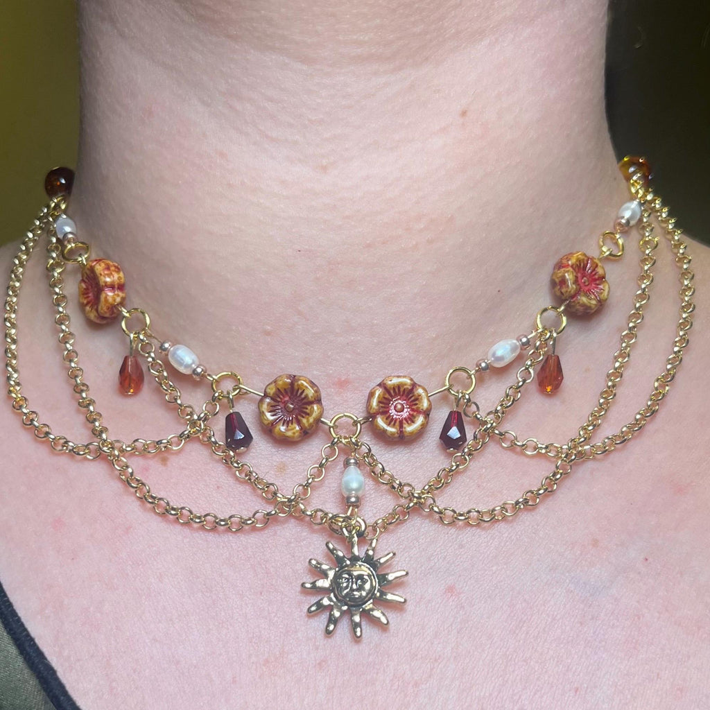 Amber Sol: Orange, Maroon, Sun Choker with Gold Chain