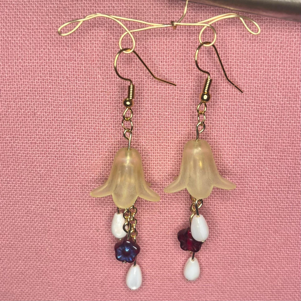 Morning Bellflower Dangle Earrings: Yellow Flower earrings with White Beads and Maroon Flowers