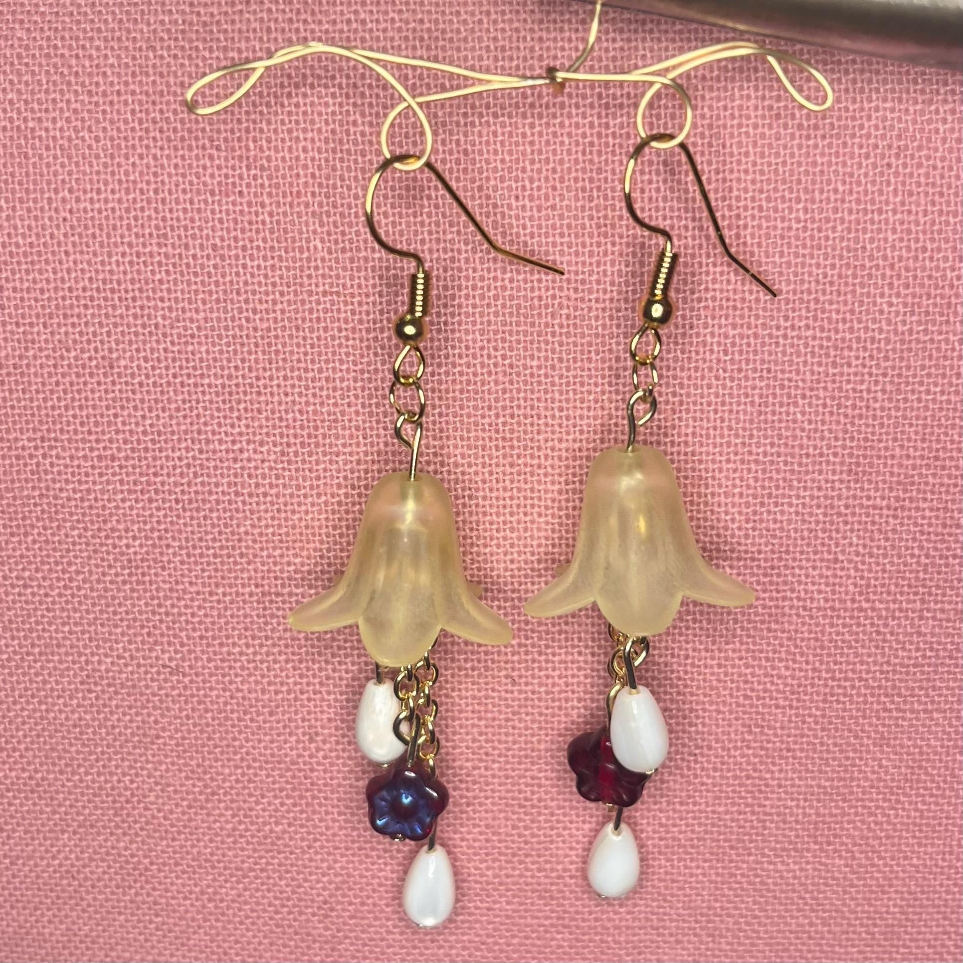 Morning Bellflower Dangle Earrings: Yellow Flower earrings with White Beads and Maroon Flowers