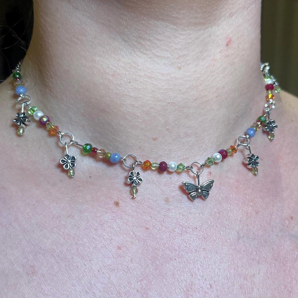 Spring Meadows: Flower Choker Necklace with Colorful Beading and Butterfly Center Piece