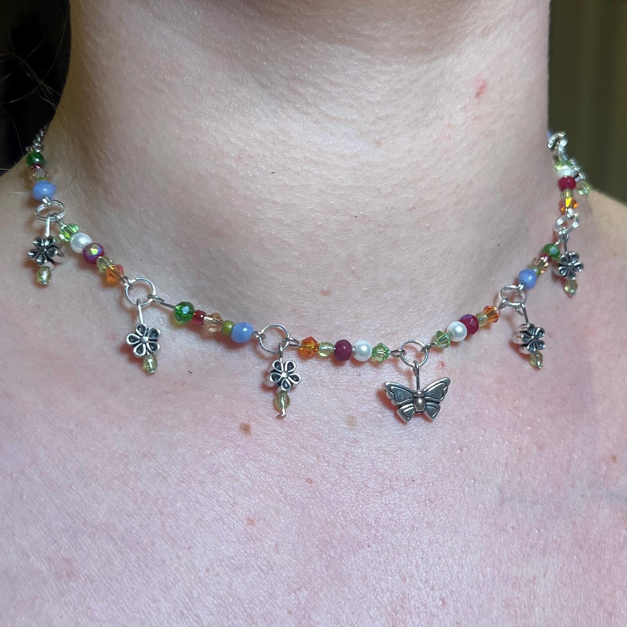 Spring Meadows: Flower Choker Necklace with Colorful Beading and Butterfly Center Piece