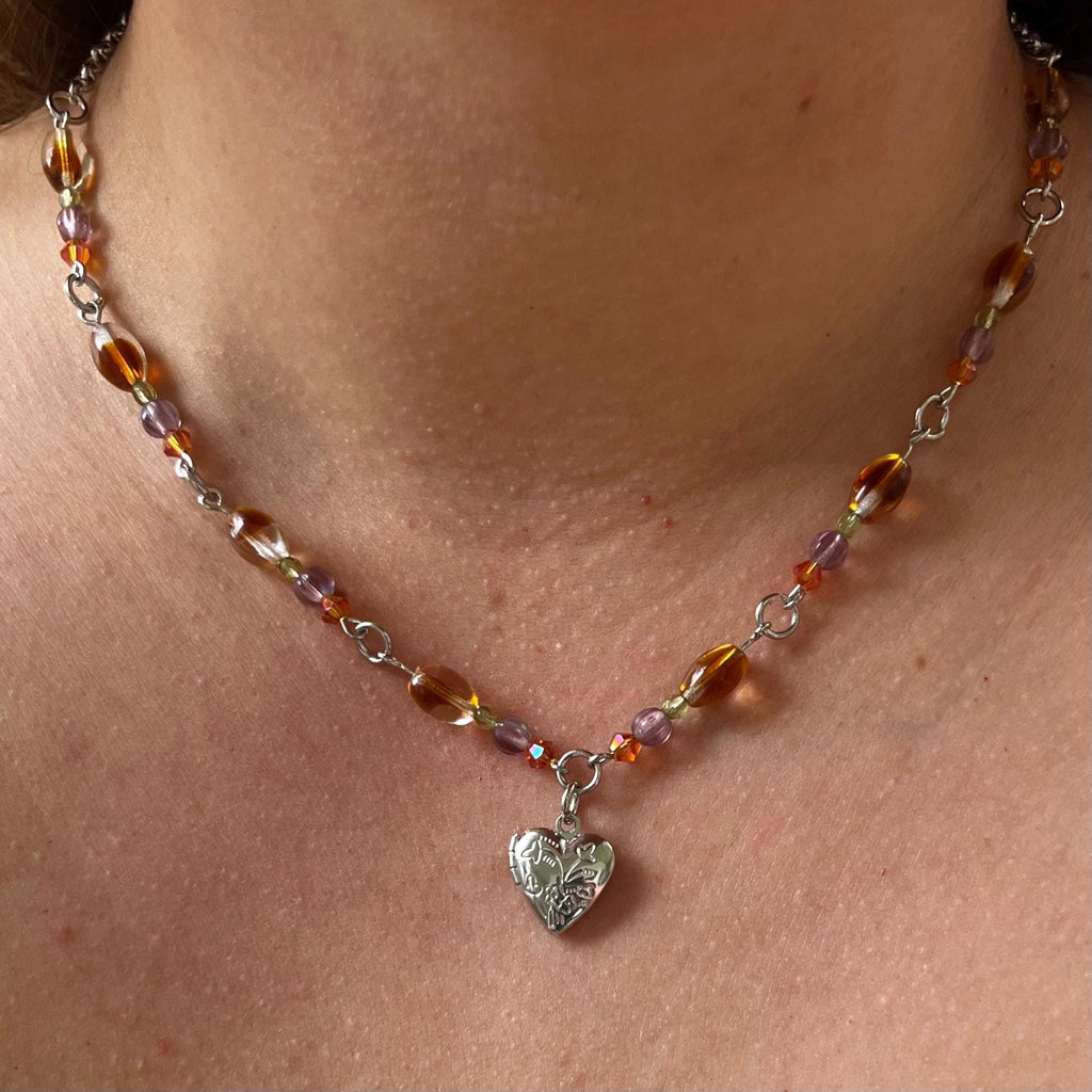 Pixie-Pocket Locket Necklace: Silver Locket Necklace with Earthy Toned Beading