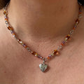 Pixie-Pocket Locket Necklace: Silver Locket Necklace with Earthy Toned Beading