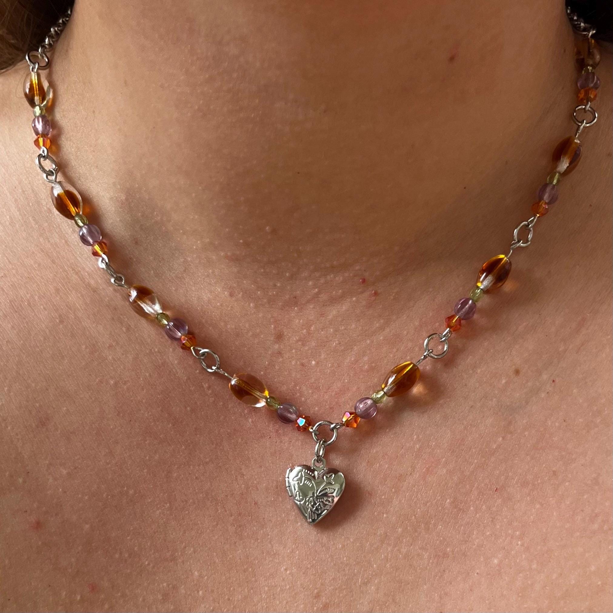 Pixie-Pocket Locket Necklace: Silver Locket Necklace with Earthy Toned Beading