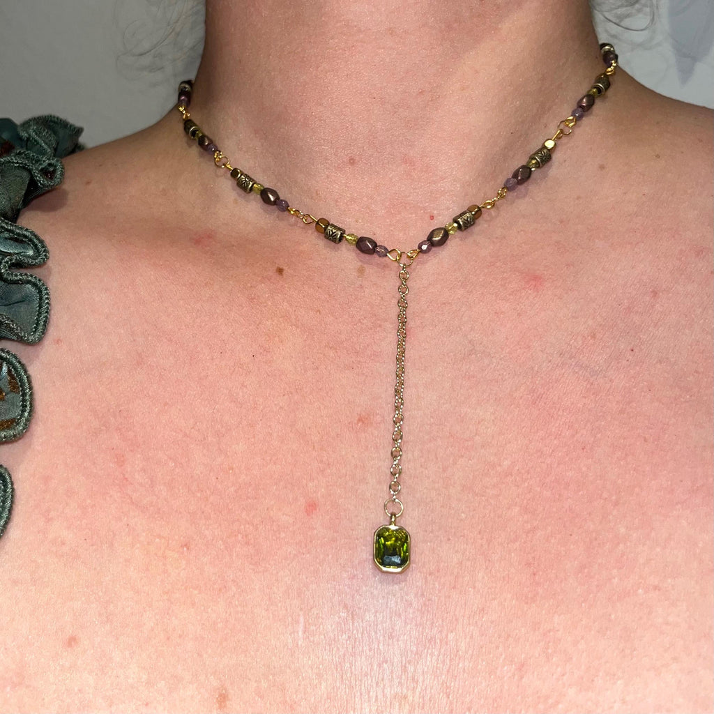 Sage Dewdrop Choker Necklace: Green Jewel Pendant Necklace with Gold, Purple, and Green Beading